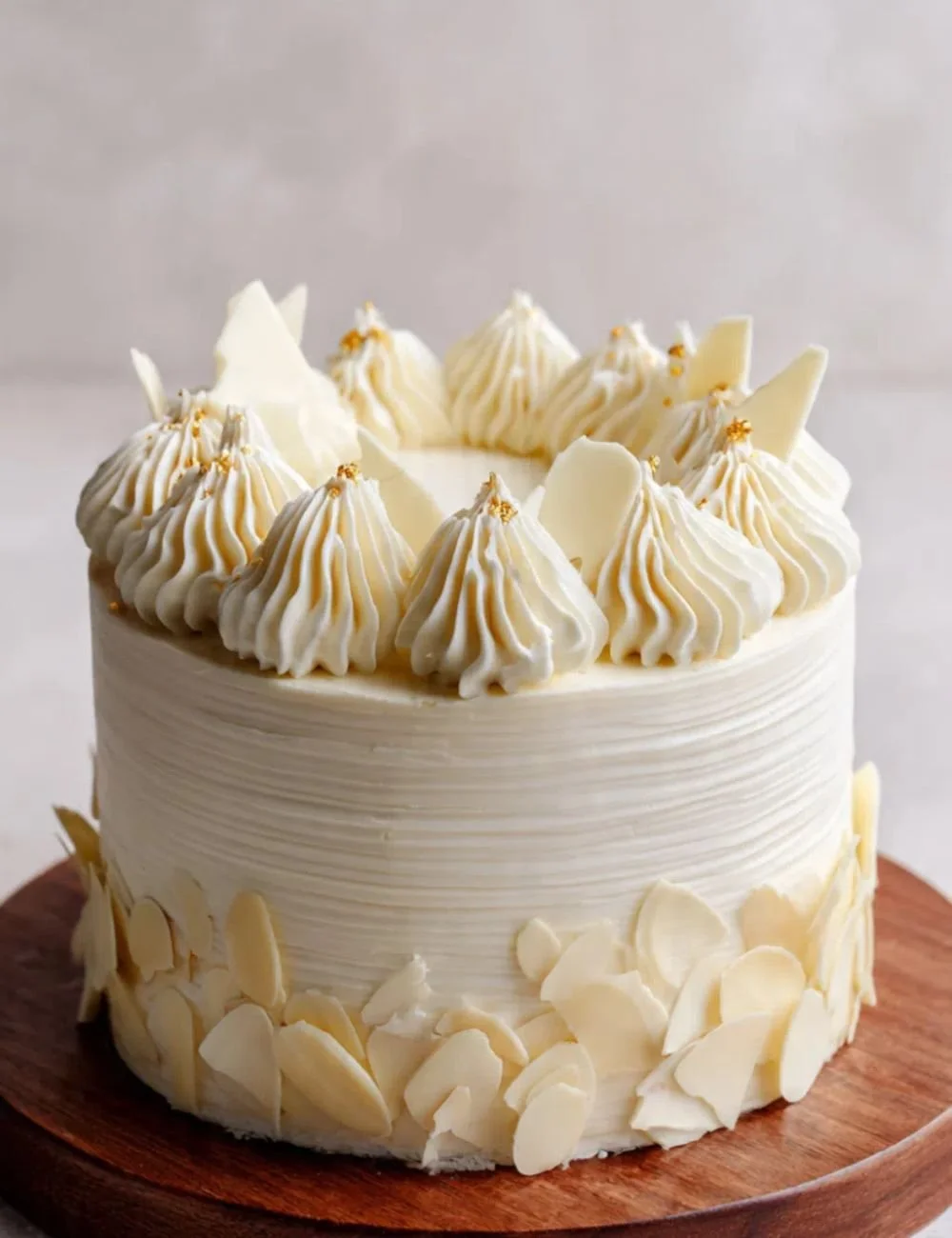 Slice of classic vanilla cake with almond flavor on a decorative plate