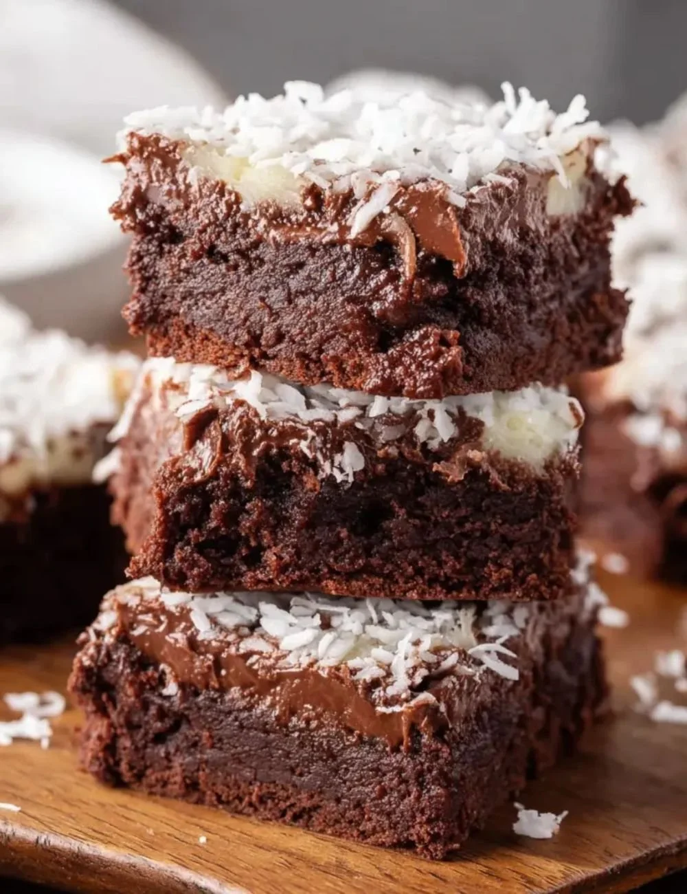 Delicious Coconut Brownies topped with shredded coconut and chocolate