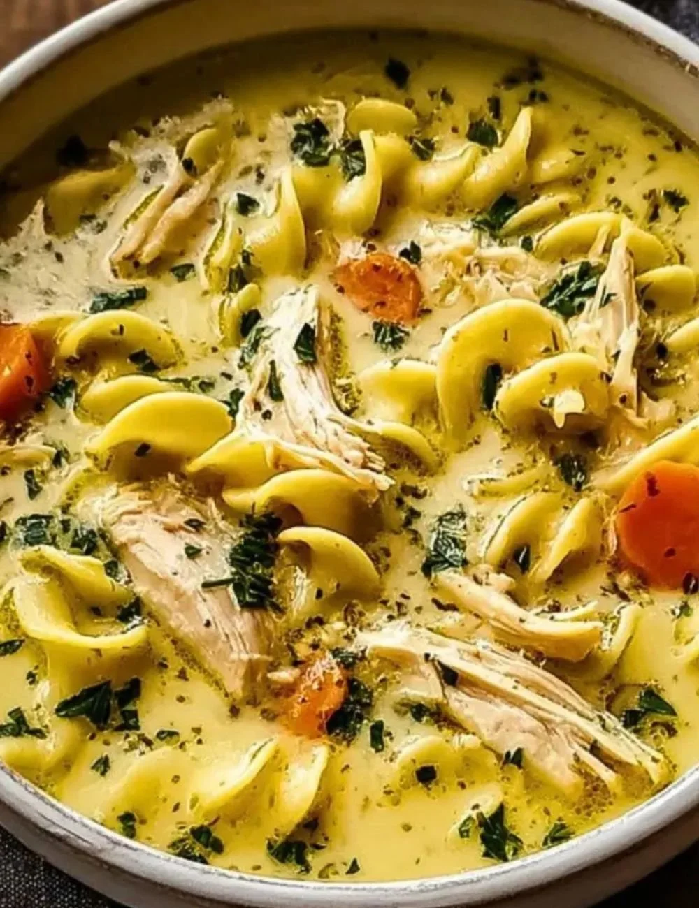 Bowl of comforting creamy chicken noodle soup with vegetables and herbs