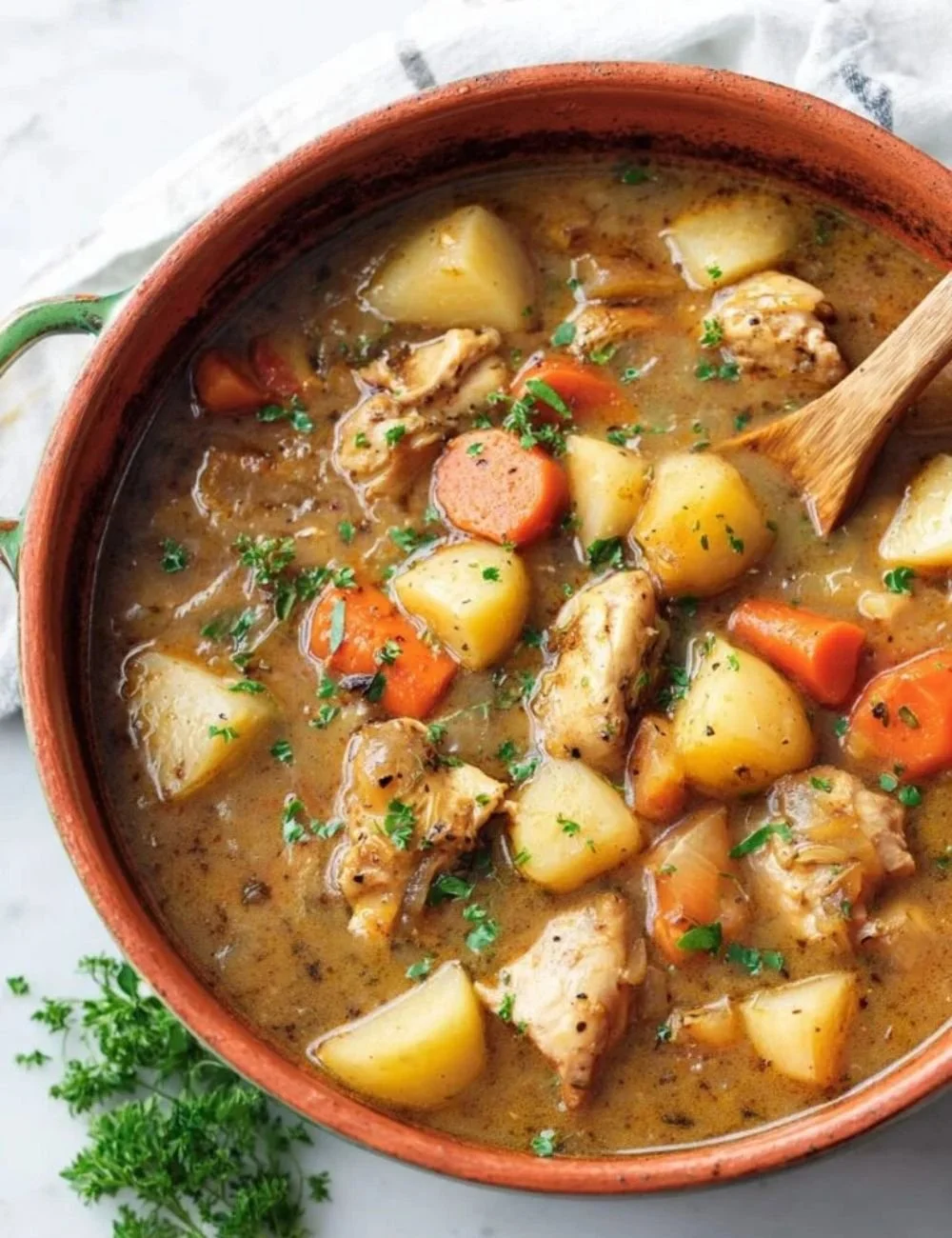 Bowl of cozy chicken stew with vegetables and herbs.