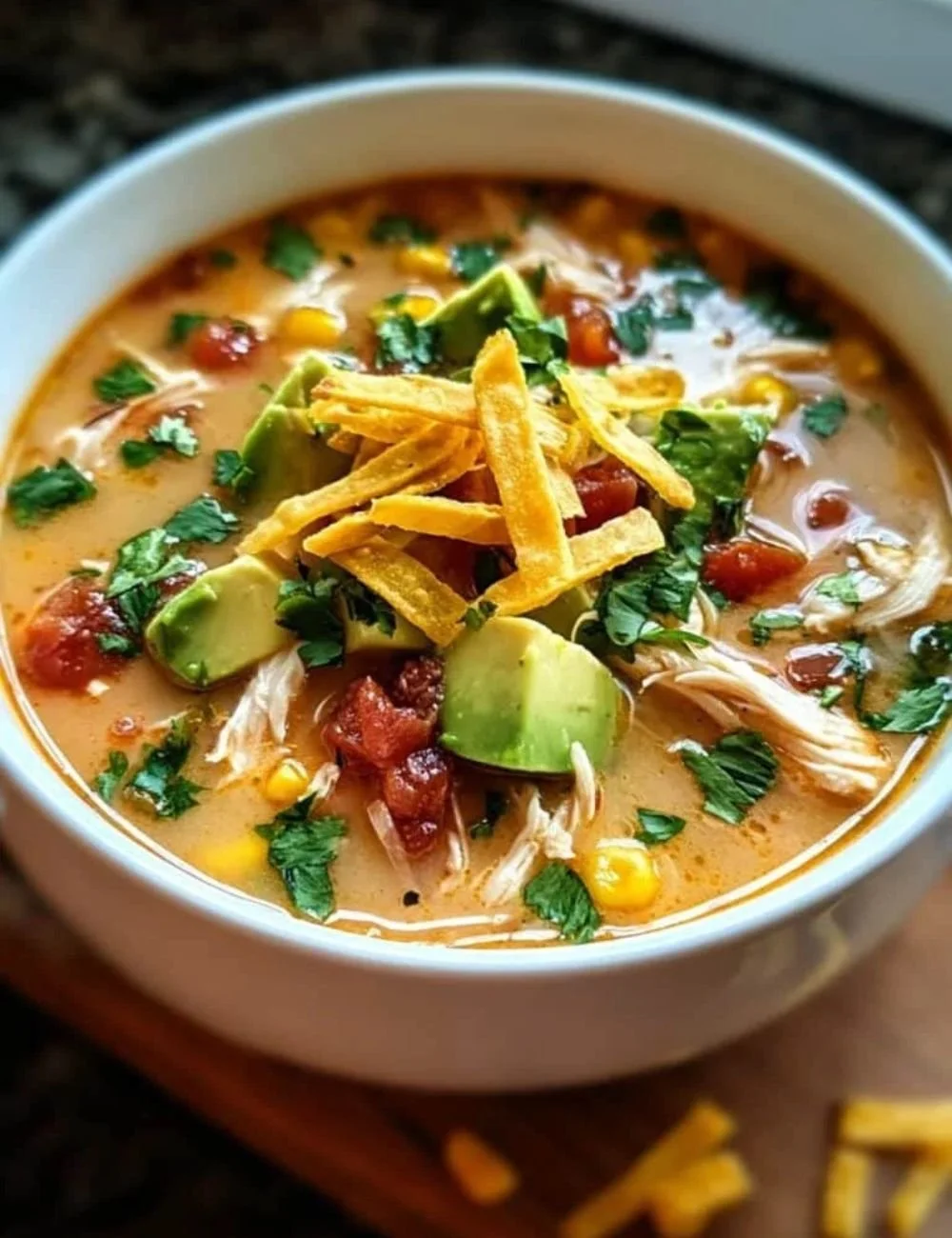 Cozy Chicken Tortilla Soup bowl garnished with tortilla strips and cilantro.