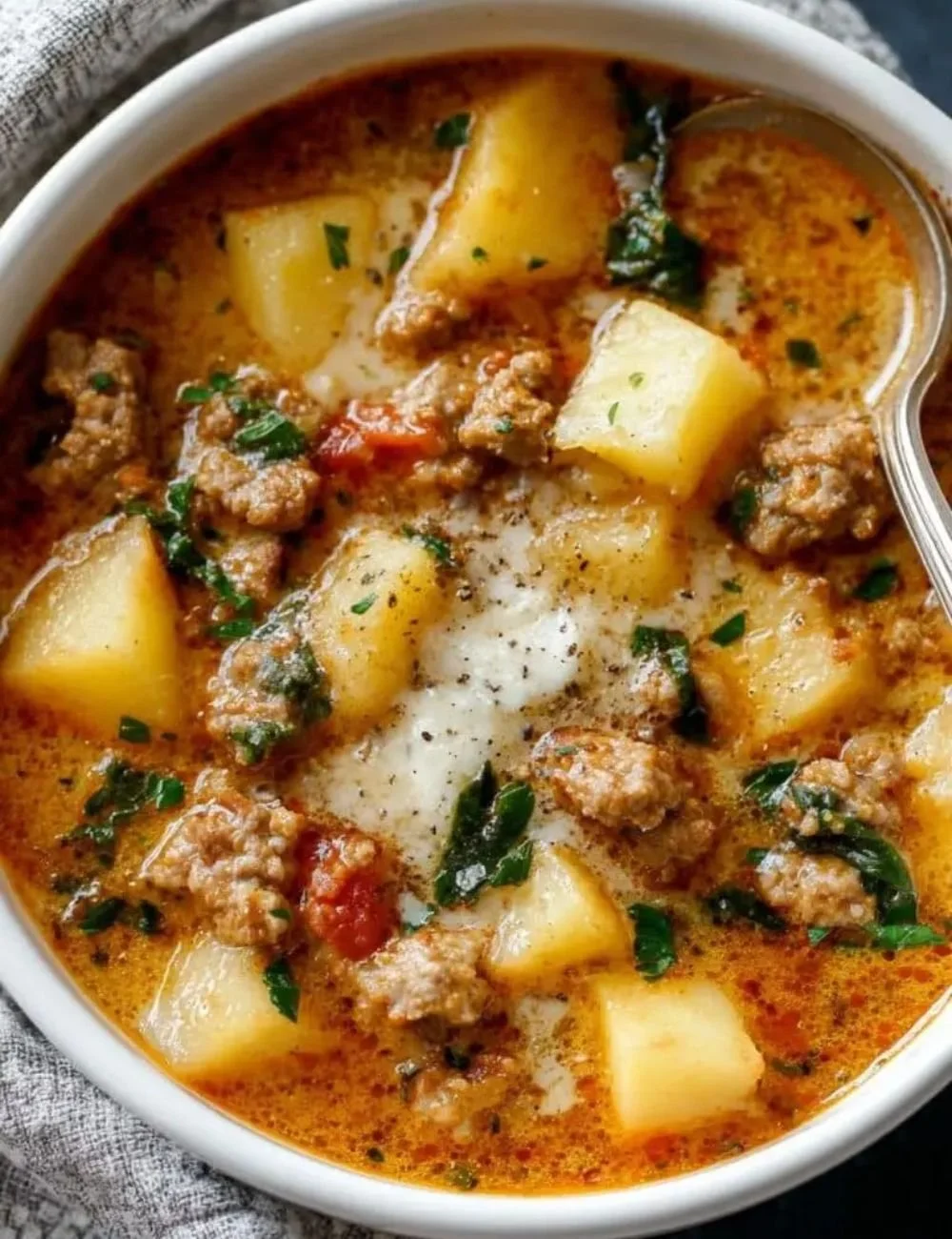 Cozy Italian sausage and potato soup in a bowl, garnished with parsley.