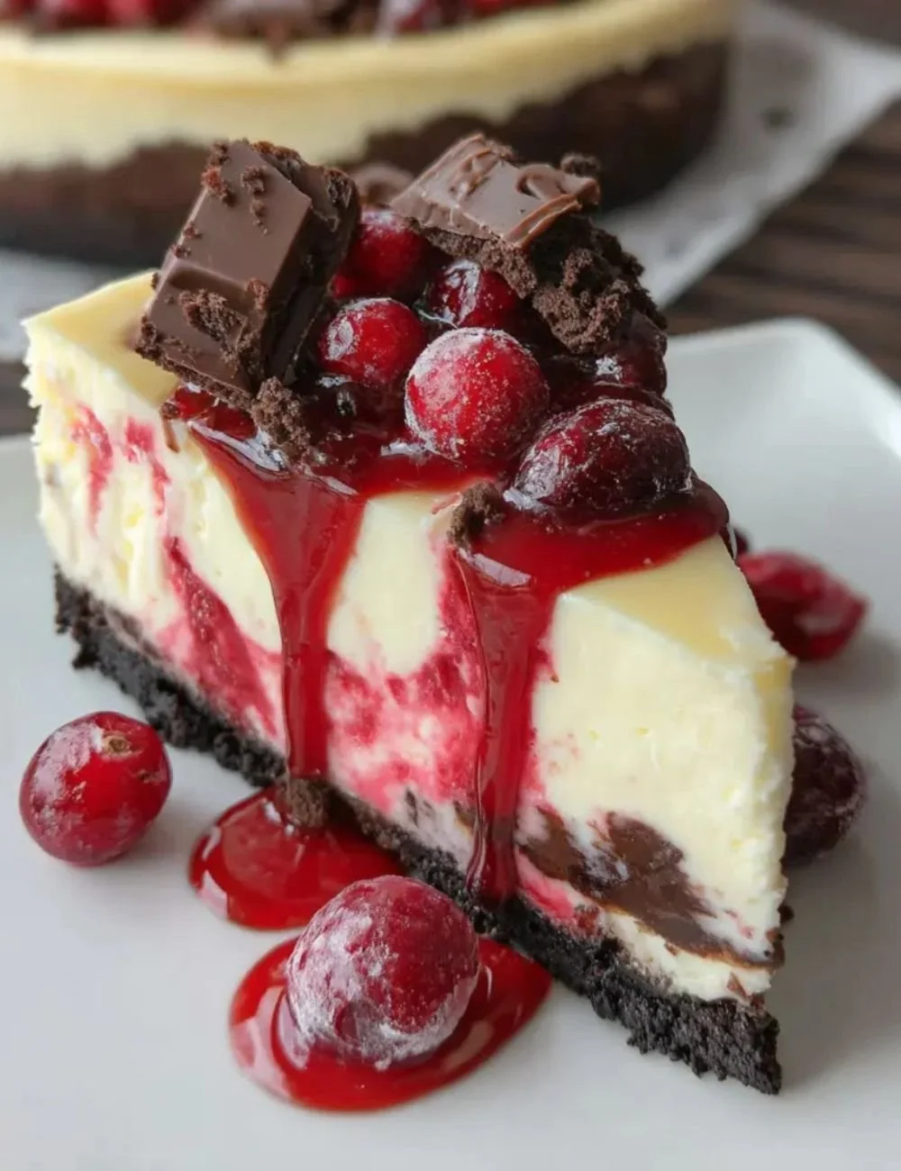 Slice of Cranberry Fudge Swirl Cheesecake with vibrant cranberry topping