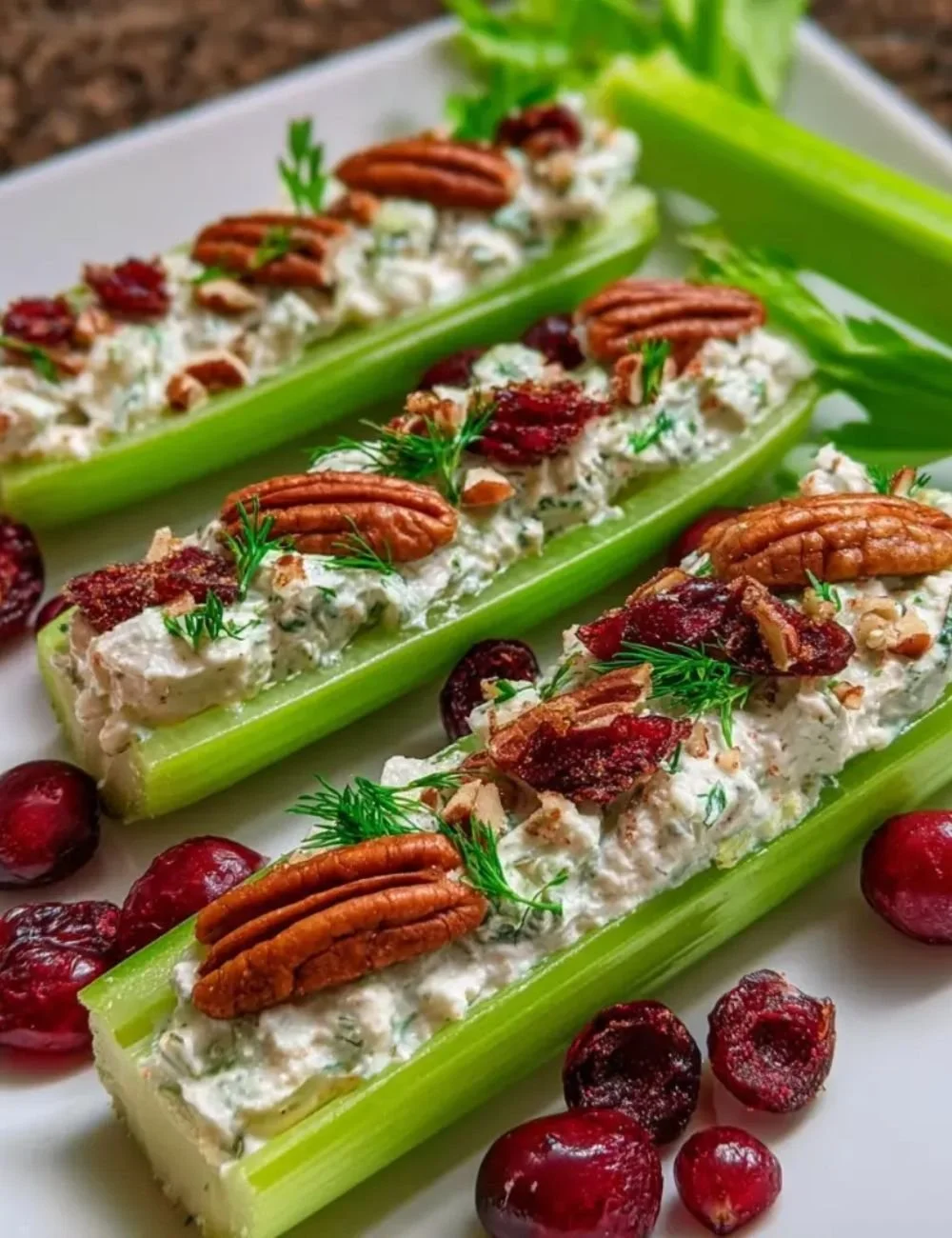 Cranberry Pecan Holiday Celery Boats served on a festive table, perfect for parties.