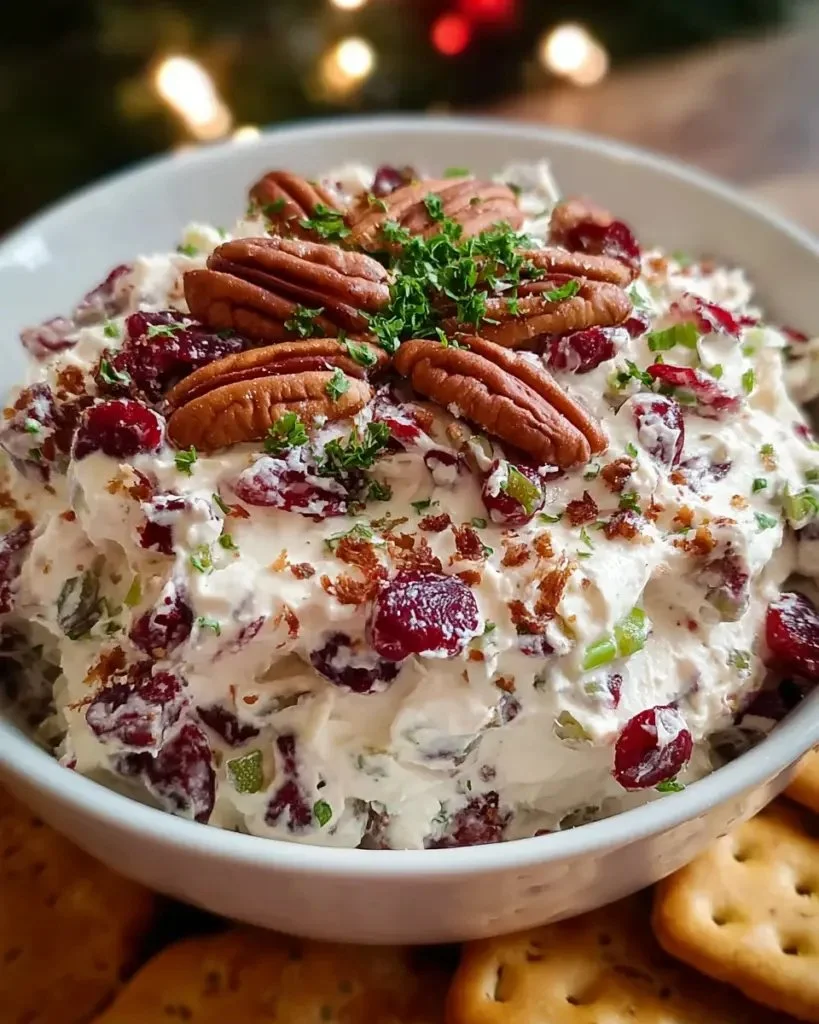 Cranberry Pecan Snowflake Cream Cheese Dip in a festive presentation