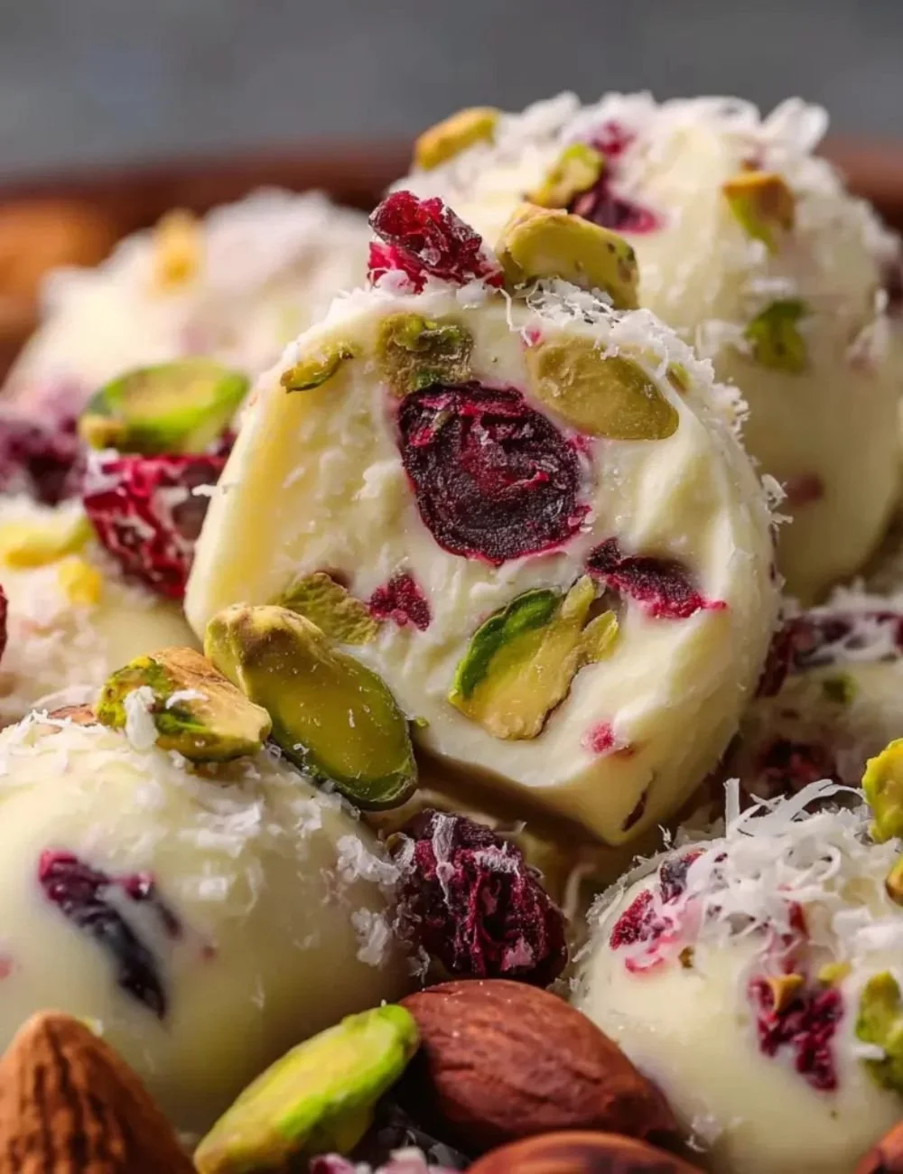 Cranberry Pistachio White Chocolate Bark with festive toppings