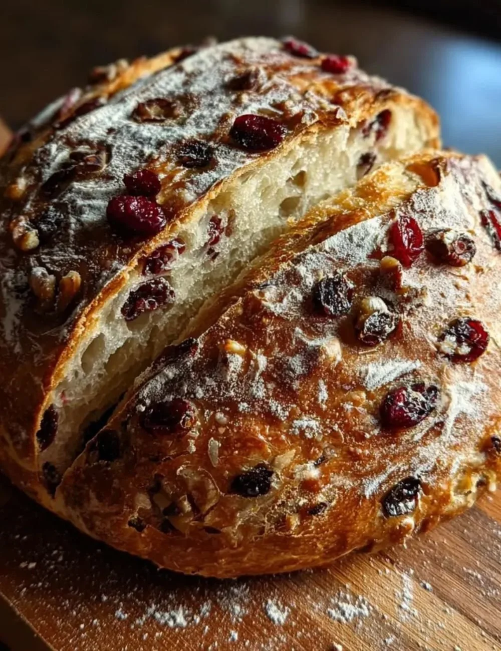 A freshly baked loaf of Cranberry Raisin Walnut Cinnamon Artisan Bread
