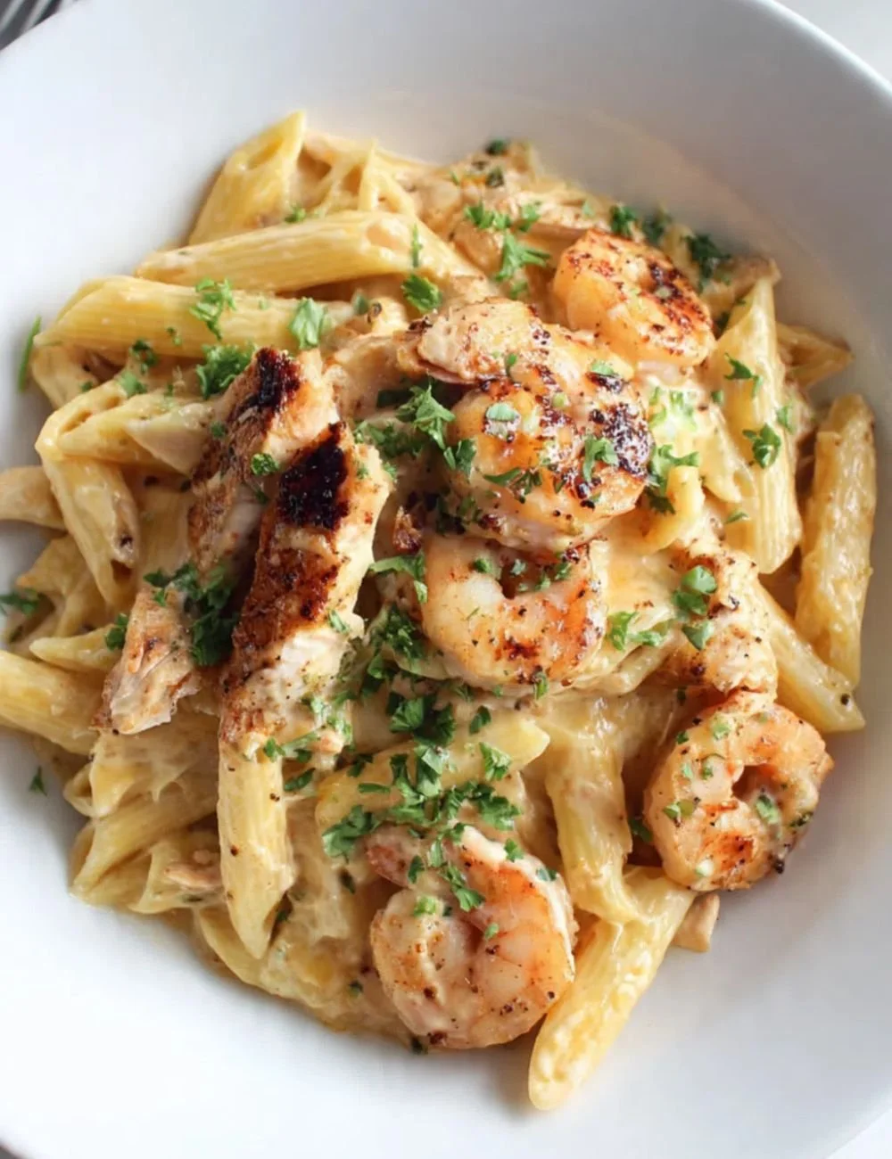 Creamy Chicken Alfredo Penne with shrimp served in a bowl