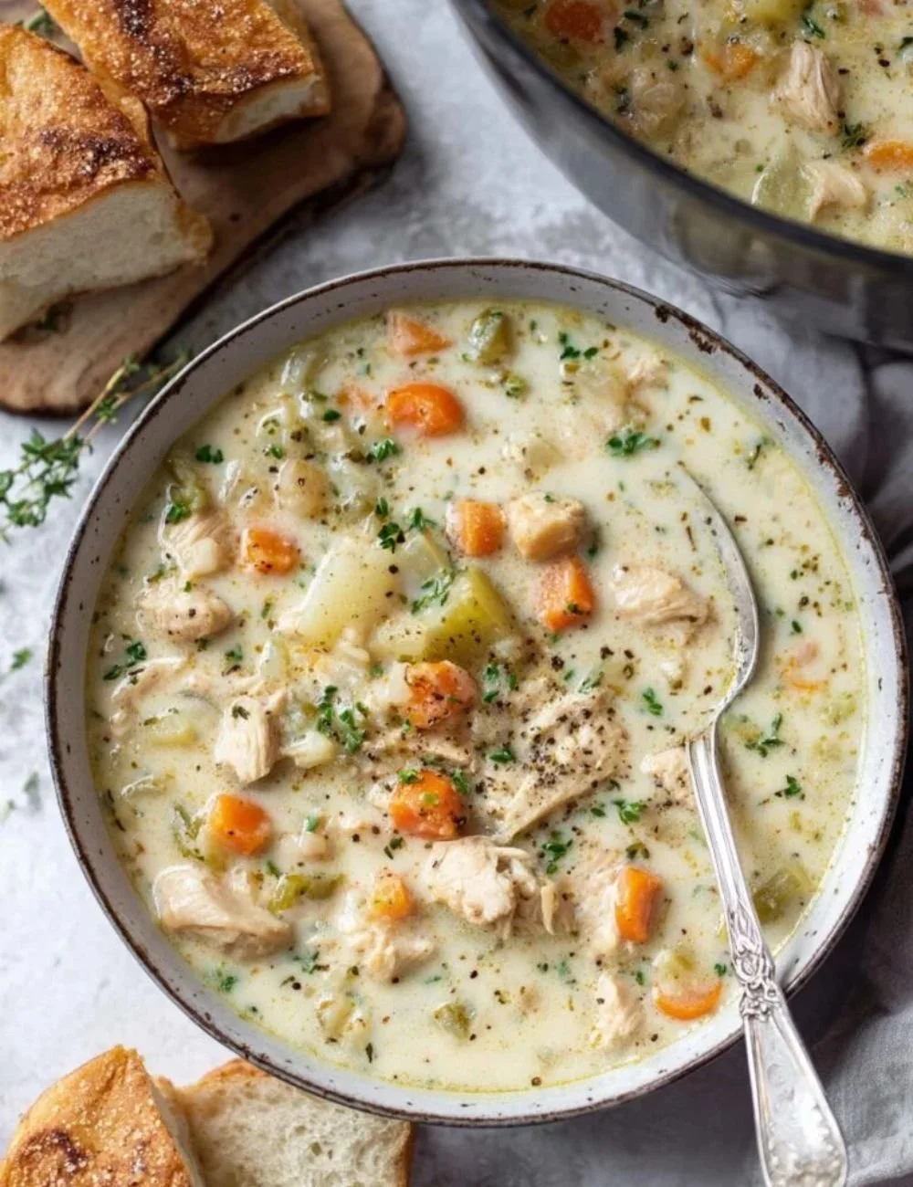 Bowl of creamy chicken soup garnished with herbs and served with bread.