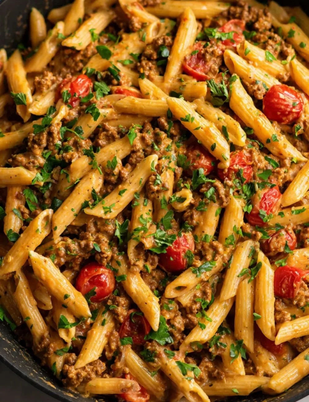 Creamy Chipotle One Pot Beef Pasta served in a bowl with fresh herbs