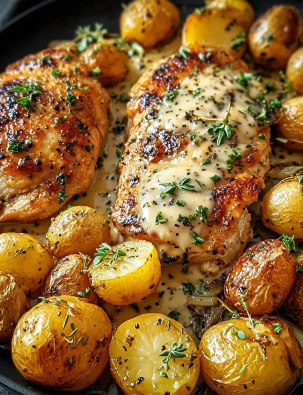 Creamy garlic chicken served with roasted baby potatoes on a plate