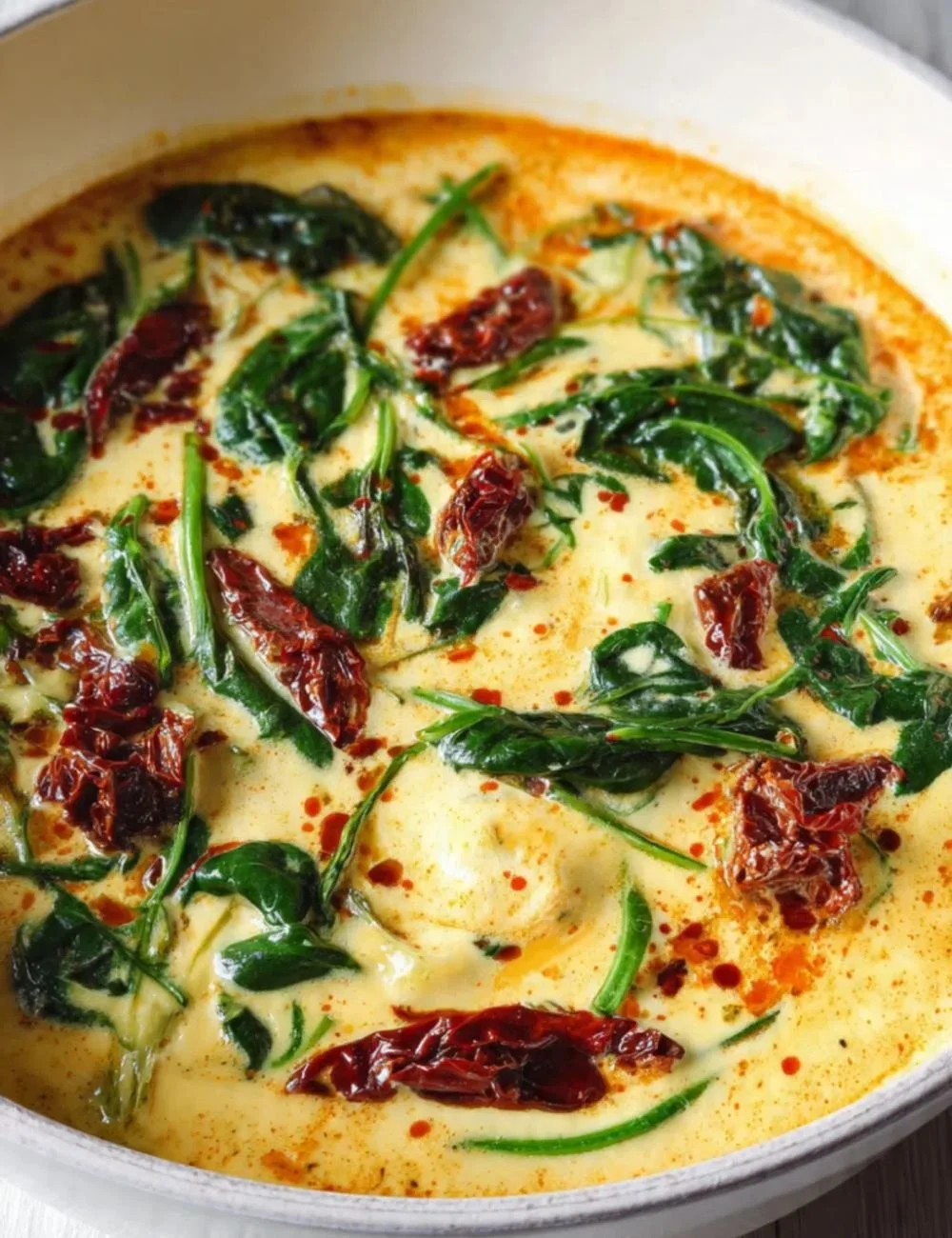 Creamy sun-dried tomato spinach skillet served in a cast iron pan