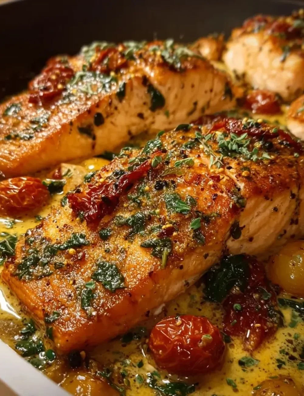 Delicious Creamy Tuscan Marry Me Salmon served on a plate with fresh herbs