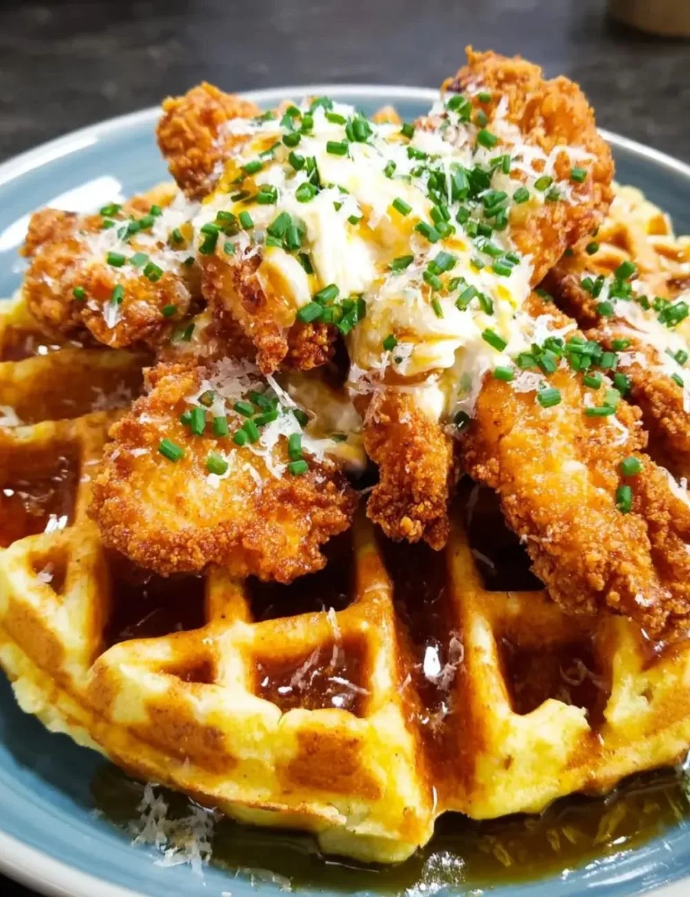 Delicious Crispy Chicken Waffles served with syrup and garnishes
