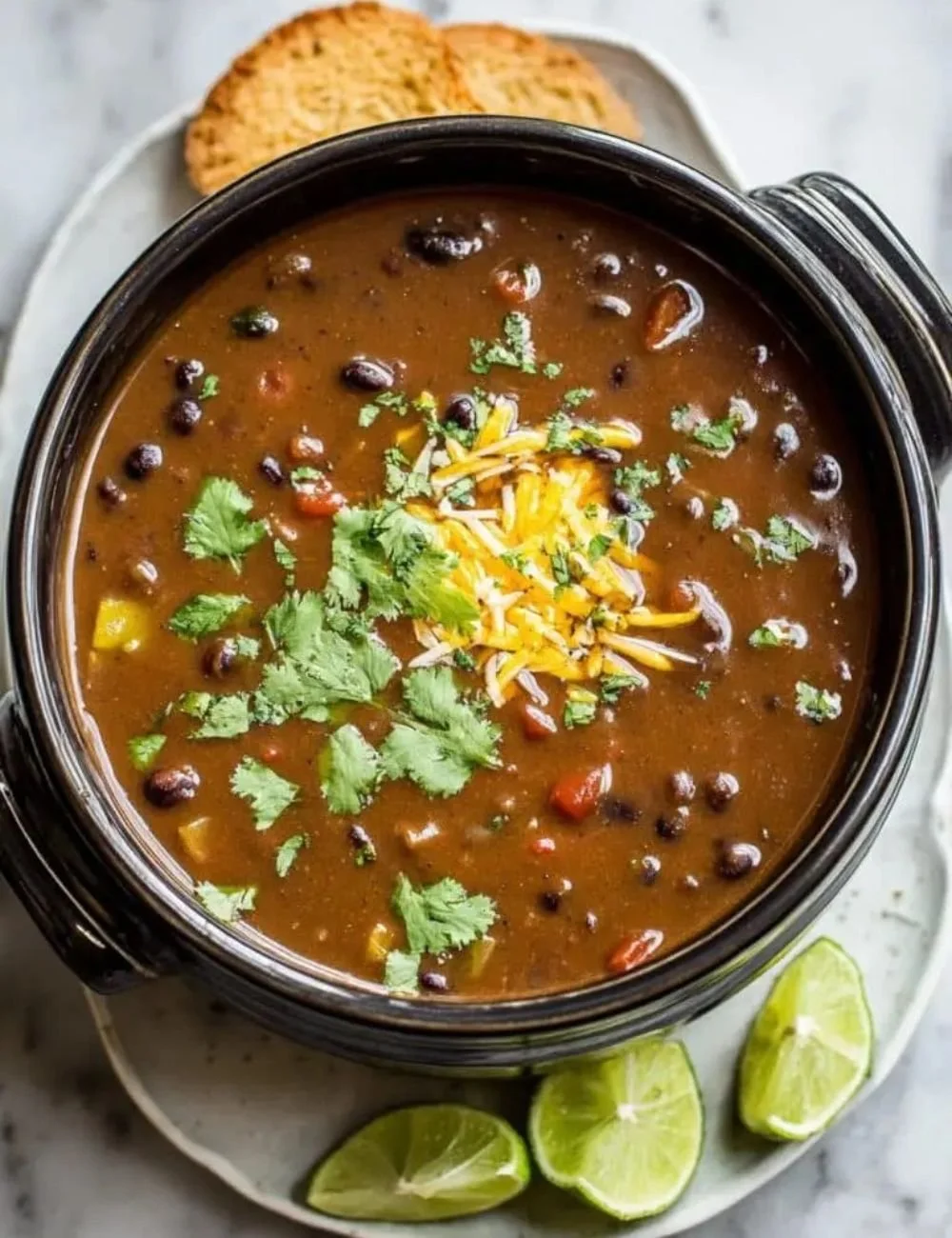 Delicious Crockpot black bean soup garnished with cilantro and served in a bowl