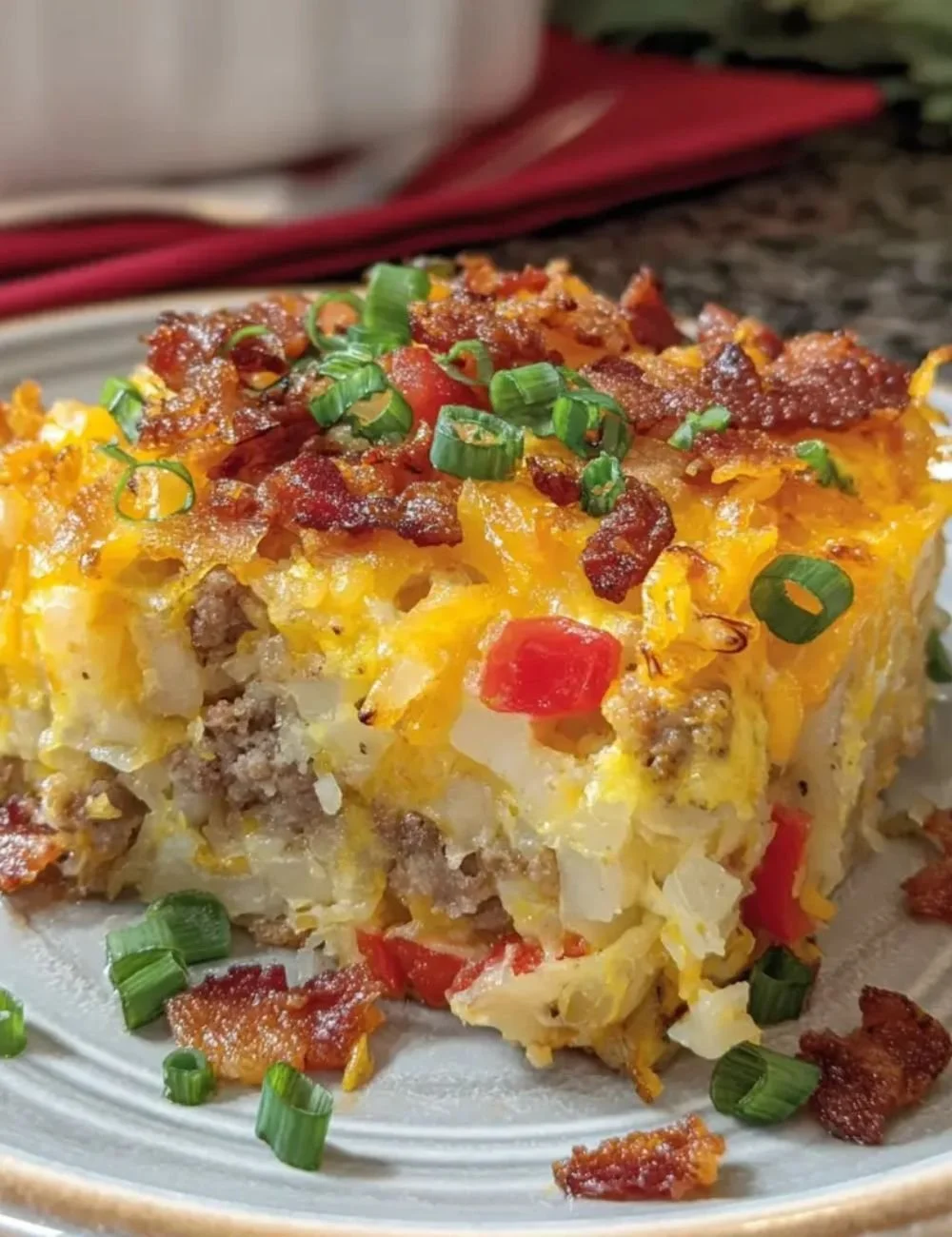 Delicious Crockpot breakfast casserole with eggs, cheese, and vegetables.