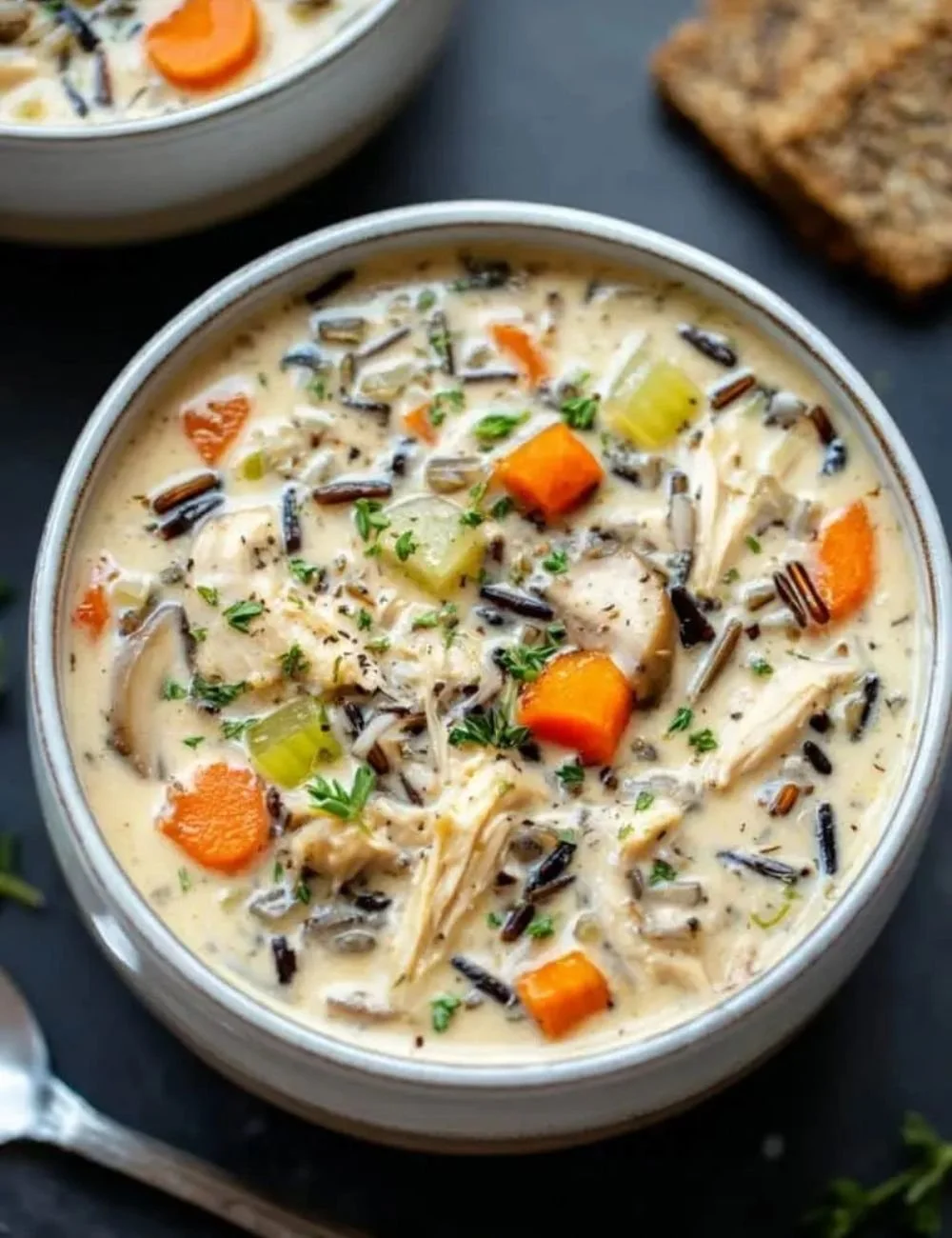 Bowl of Crockpot Creamy Chicken Wild Rice Soup on a wooden table