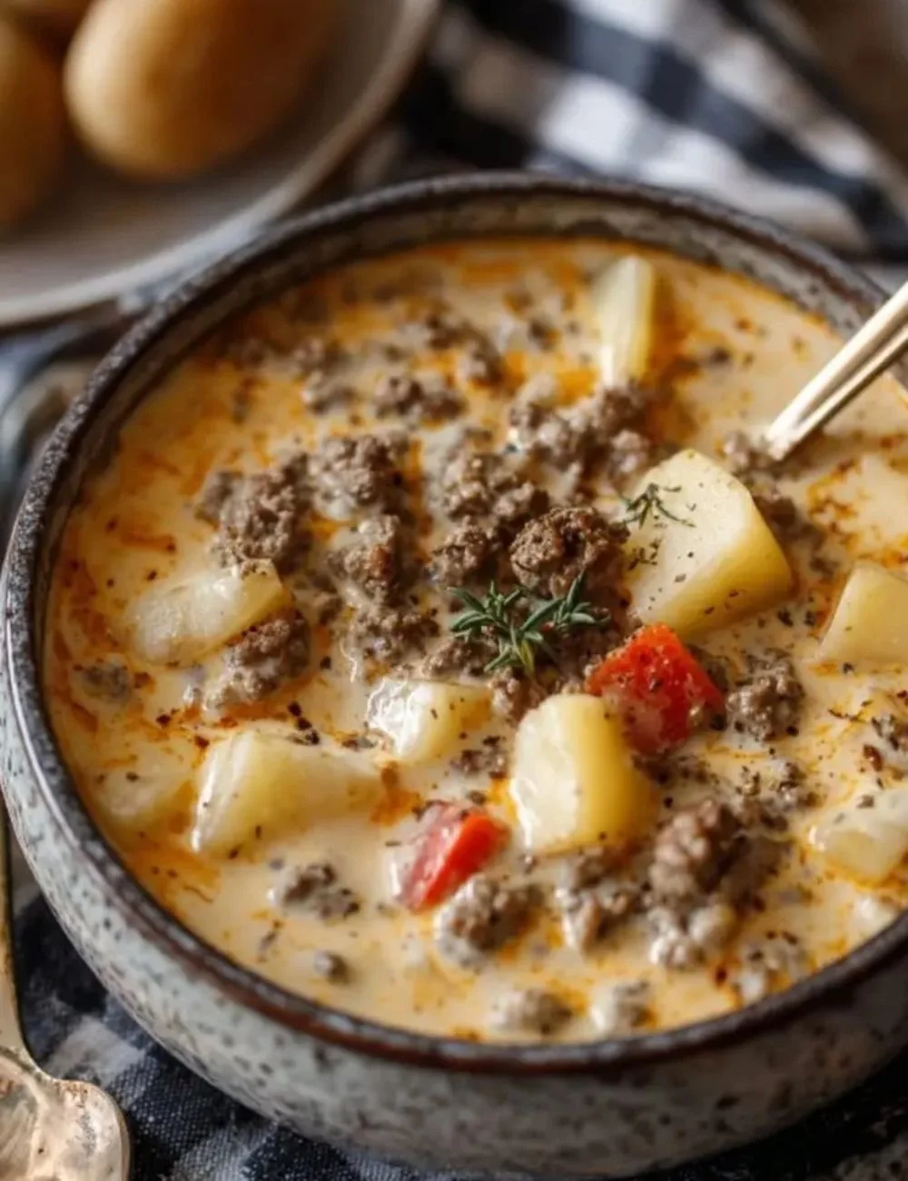 Crockpot creamy potato hamburger soup in a bowl garnished with herbs