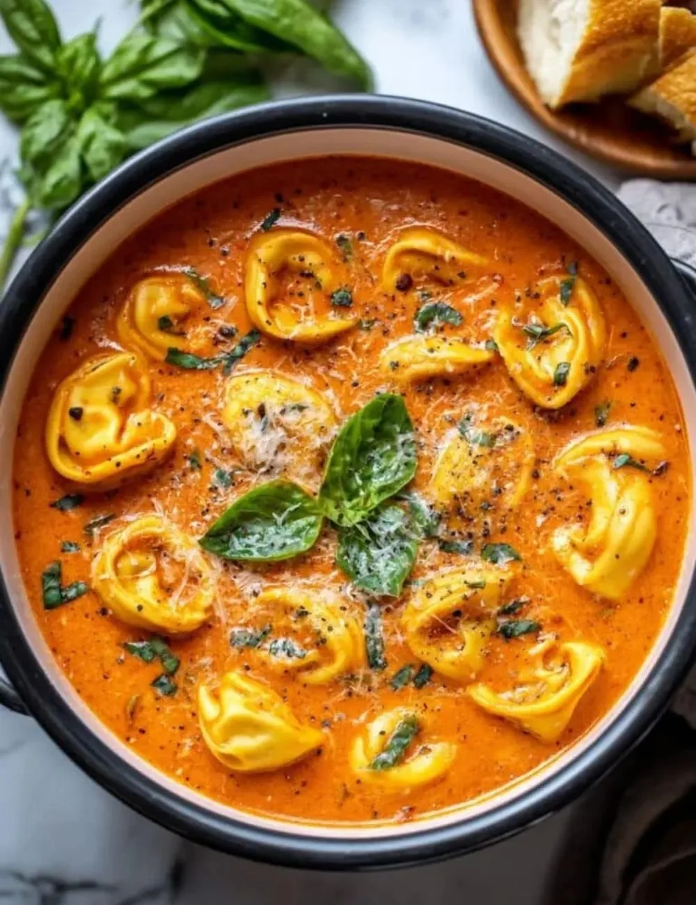 Bowl of Crockpot Creamy Tomato Tortellini Soup garnished with fresh herbs
