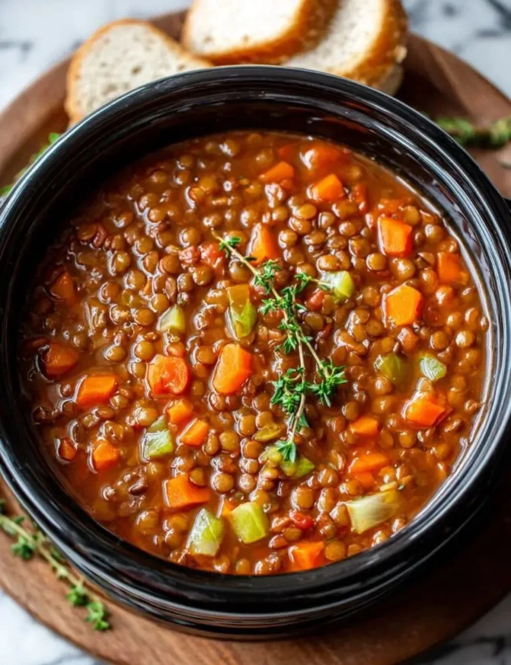 Crockpot lentil soup simmering with vegetables in a slow cooker
