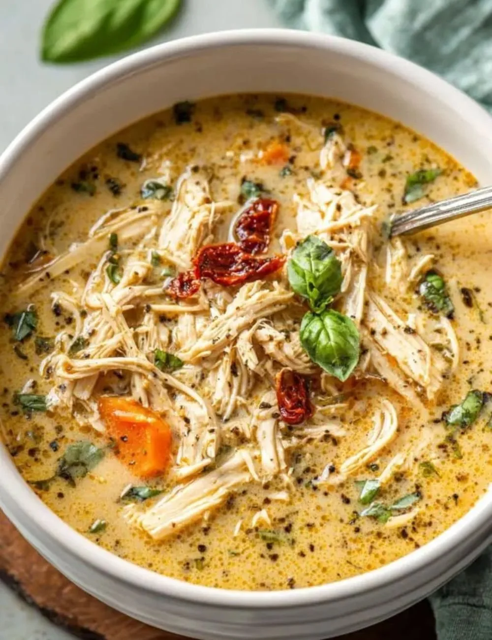 Crockpot Marry Me Chicken Soup in a bowl with fresh herbs and ingredients