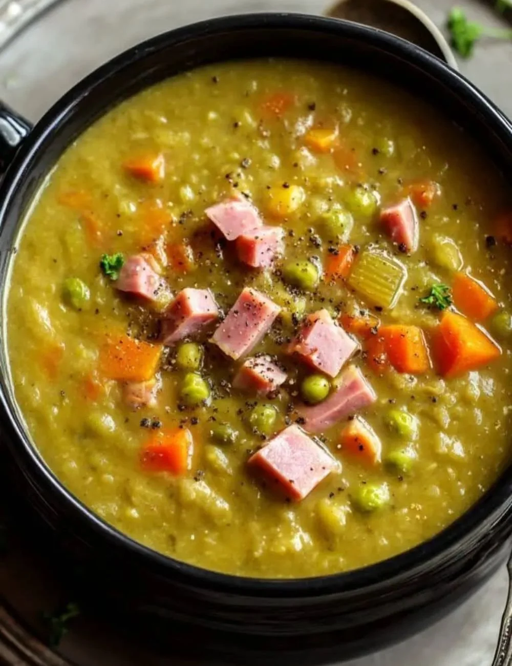 Delicious Crockpot split pea and ham soup served in a bowl