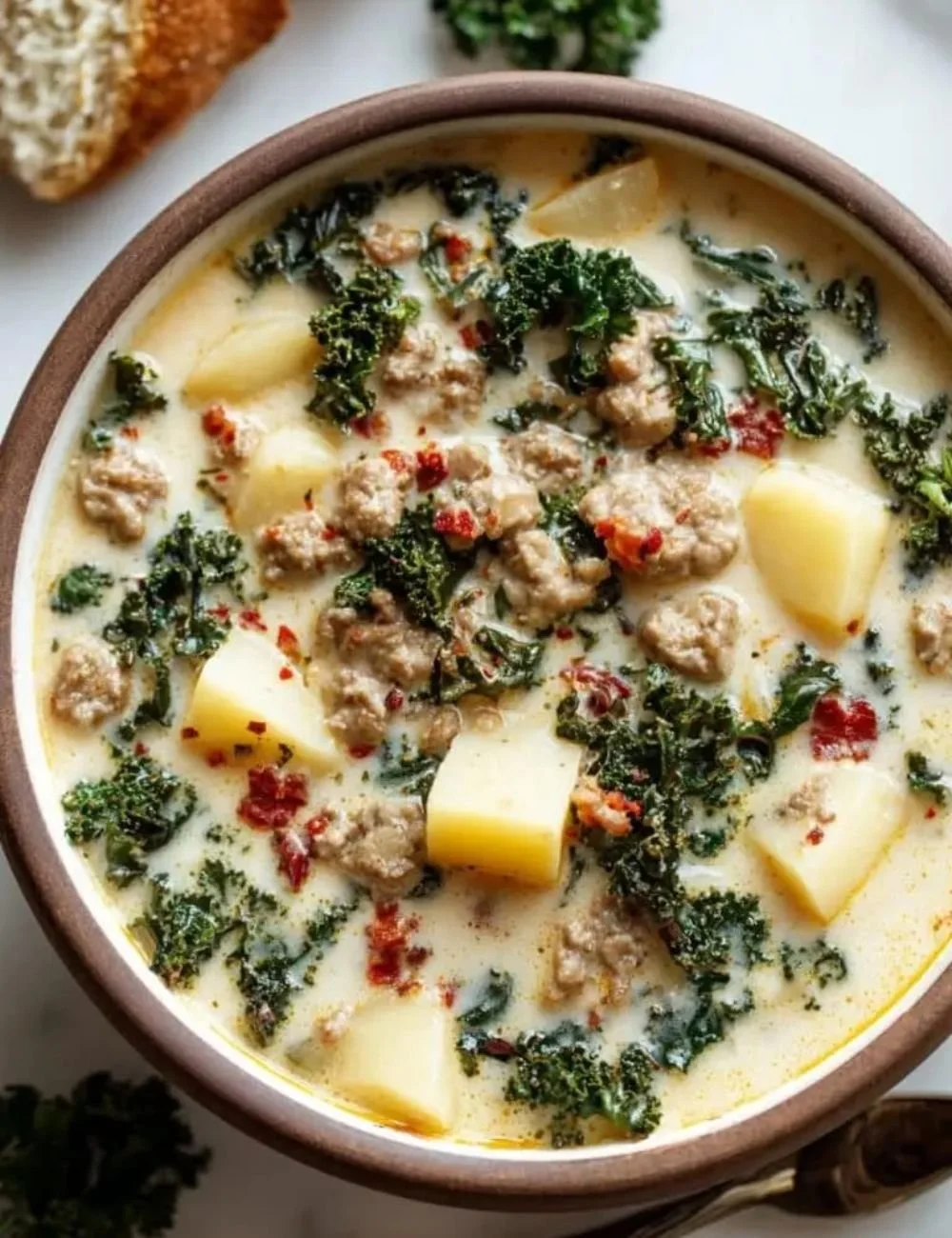 Delicious Crockpot Tuscan Soup served in a bowl with fresh herbs