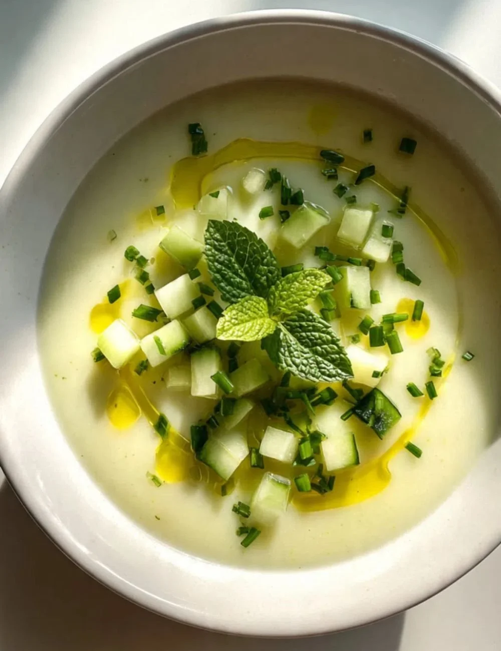 Chilled cucumber soup garnished with herbs and served in a bowl