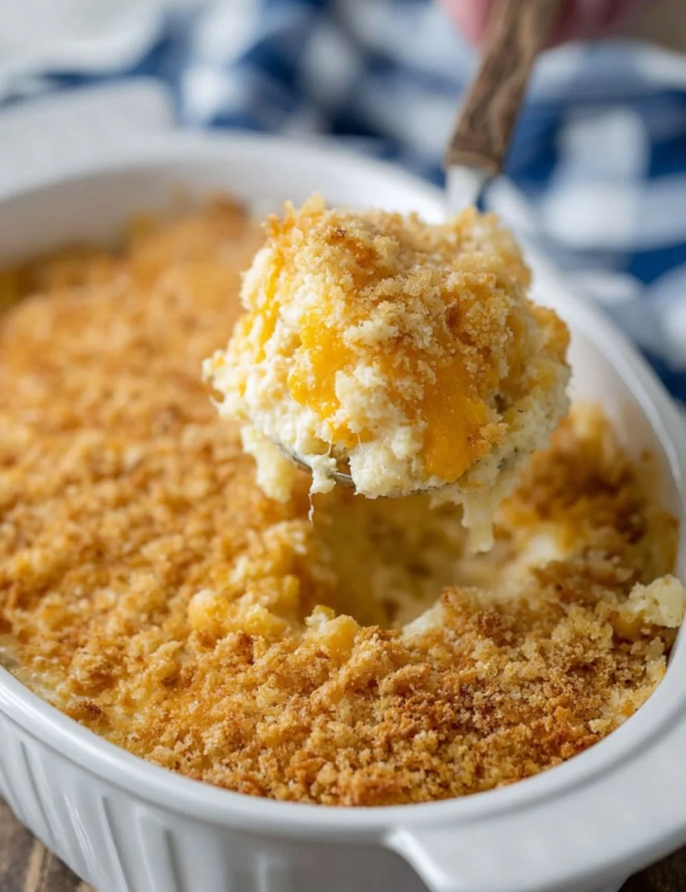 Dolly Parton’s 5-ingredient casserole ready to serve in a baking dish.