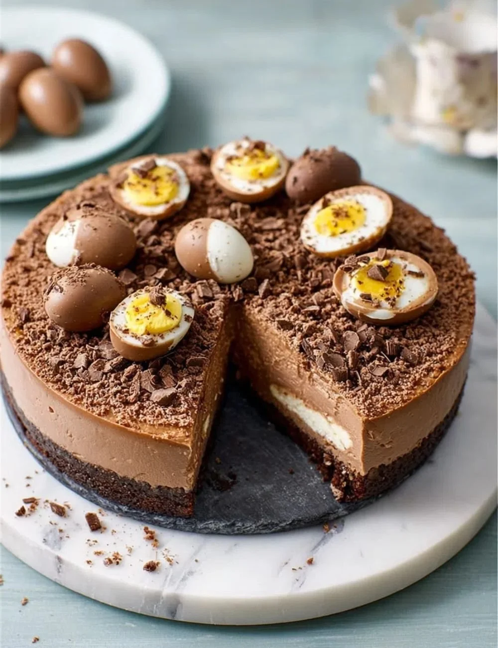 Double Chocolate Easter Egg Cheesecake topped with chocolate shavings