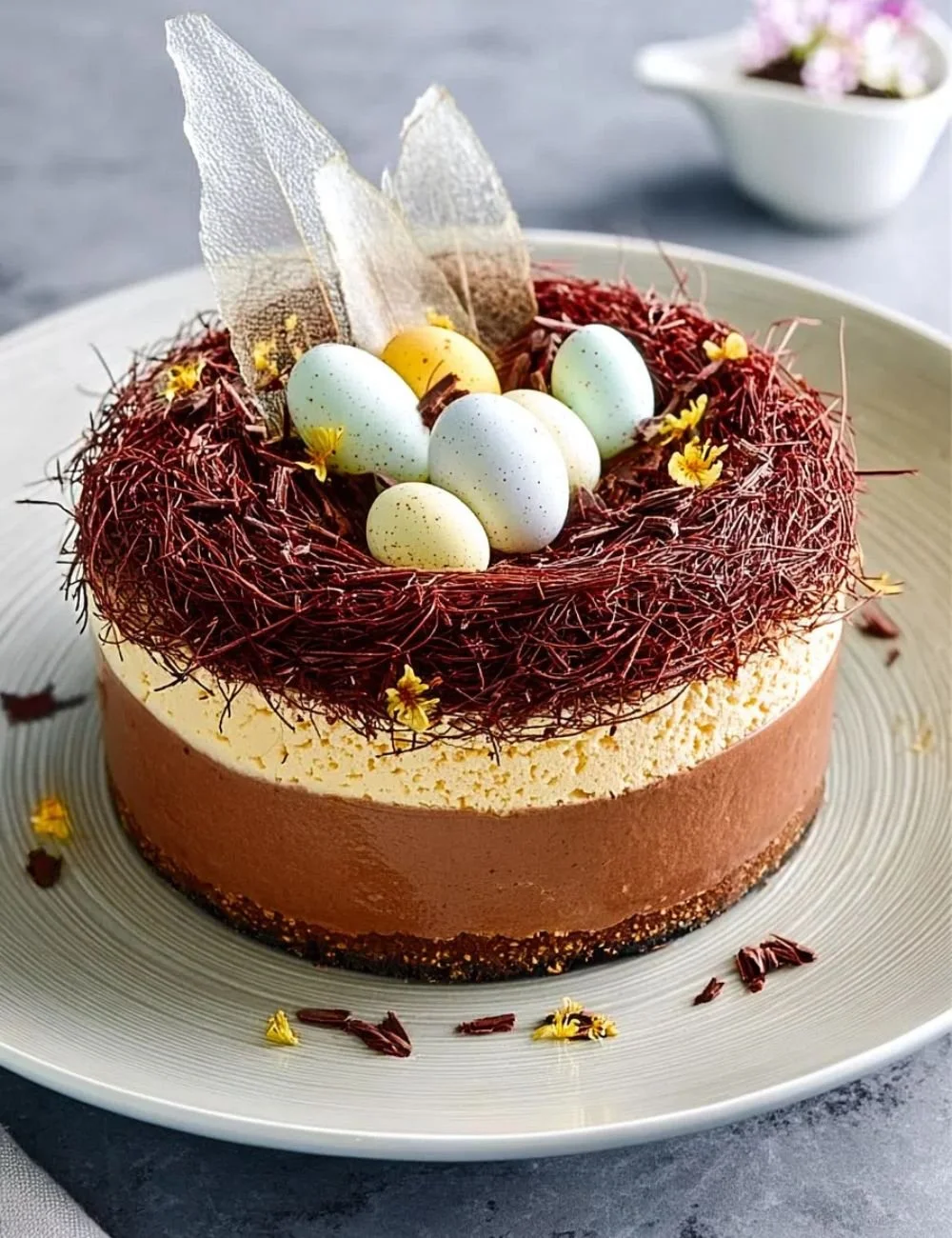 Easter chocolate mousse cake topped with chocolate shavings and decorations