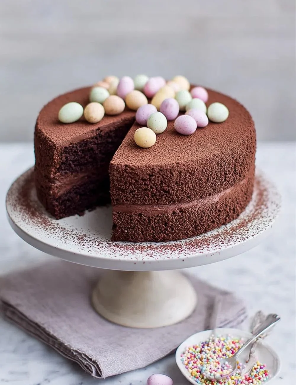 Easter Chocolate Truffle Cake decorated with chocolate curls and vibrant spring flowers