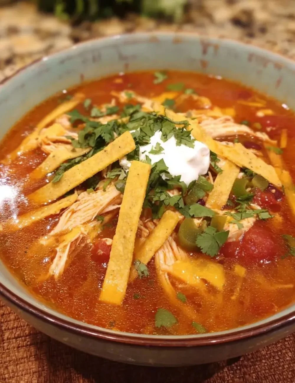 Bowl of easy chicken tortilla soup topped with tortilla strips and fresh cilantro