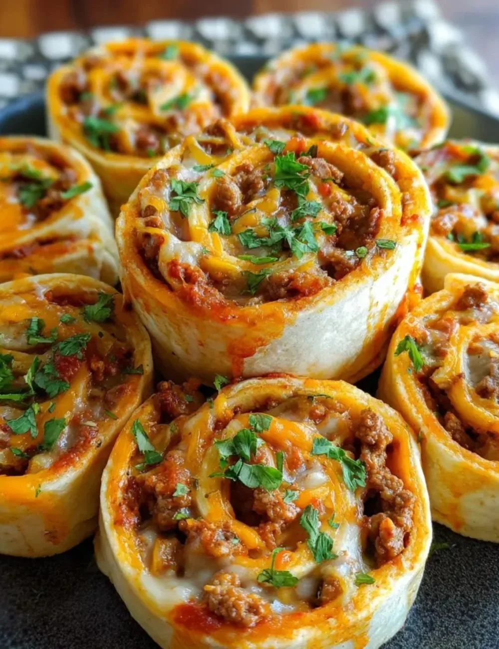 Easy taco pinwheel appetizers ready to serve at a party