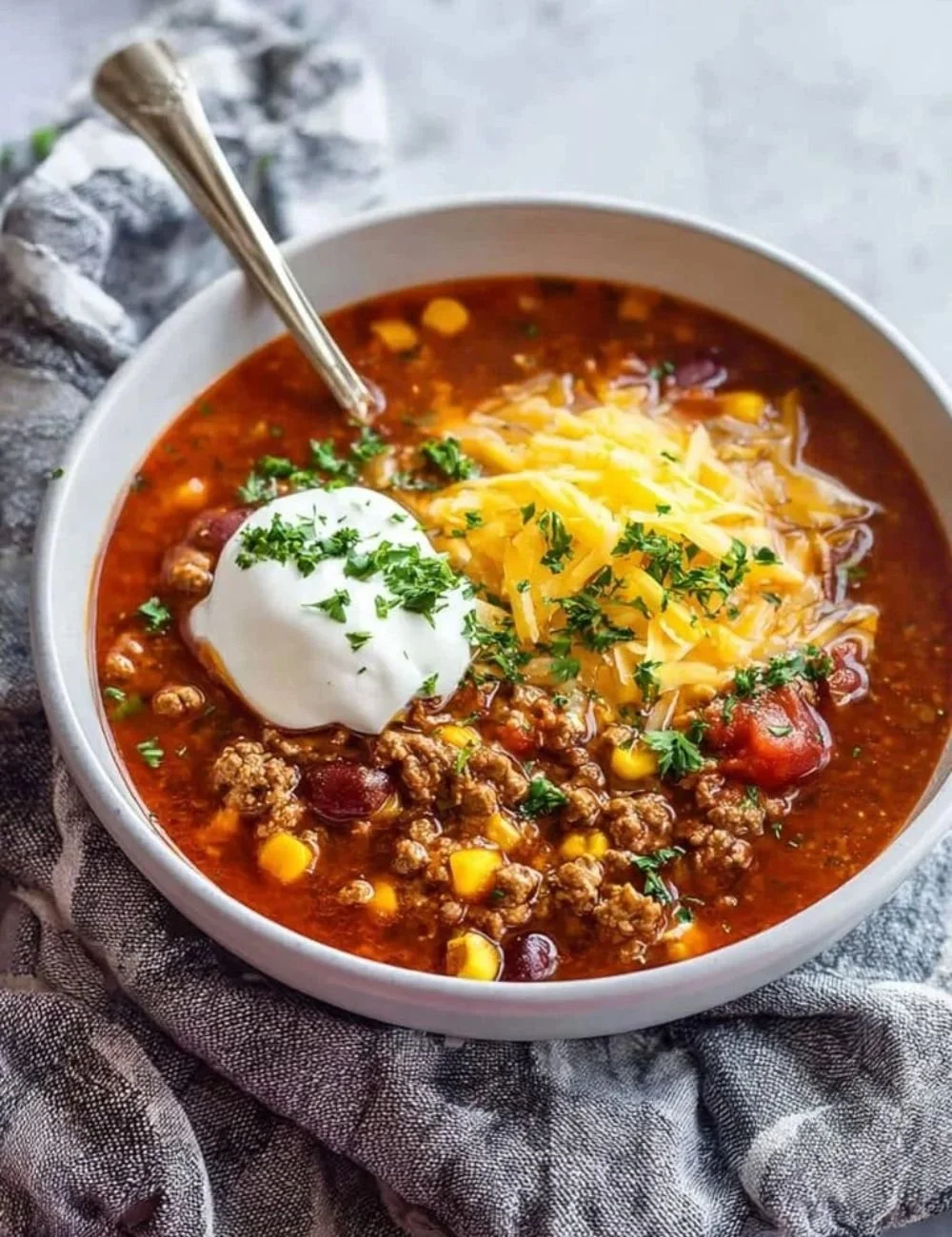 Bowl of easy taco soup garnished with cheese and cilantro