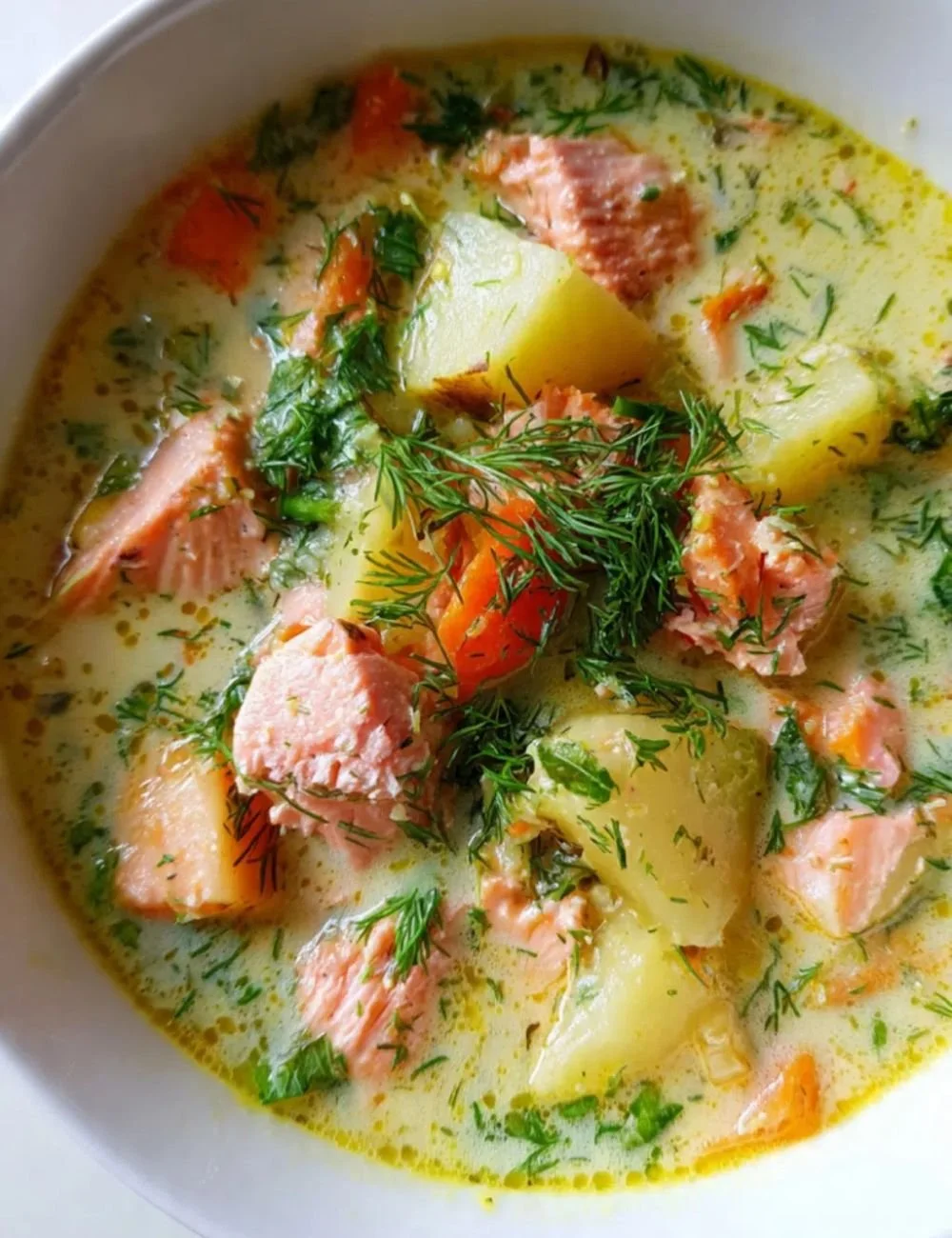 Bowl of traditional Finnish Salmon Soup garnished with fresh herbs.