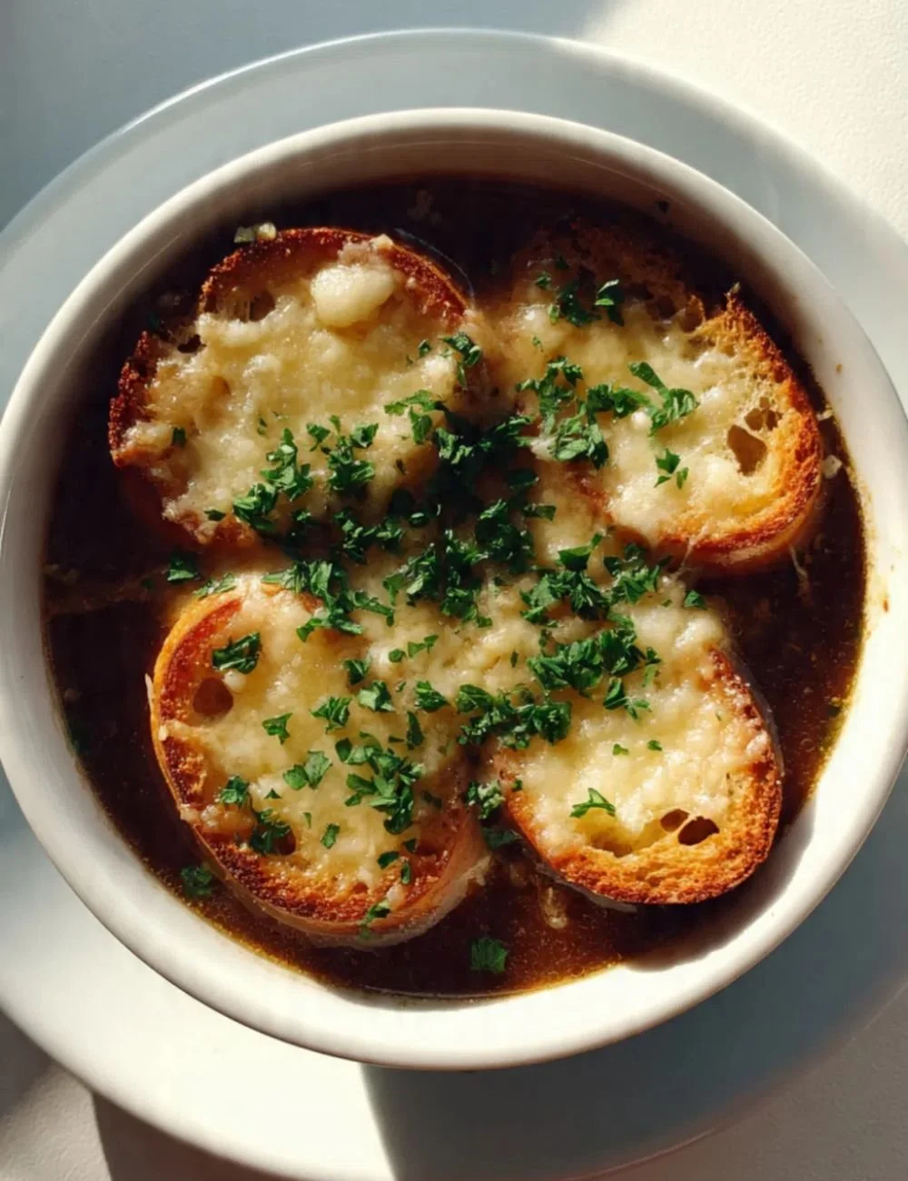 A bowl of delicious French Onion Soup topped with melted cheese and croutons.