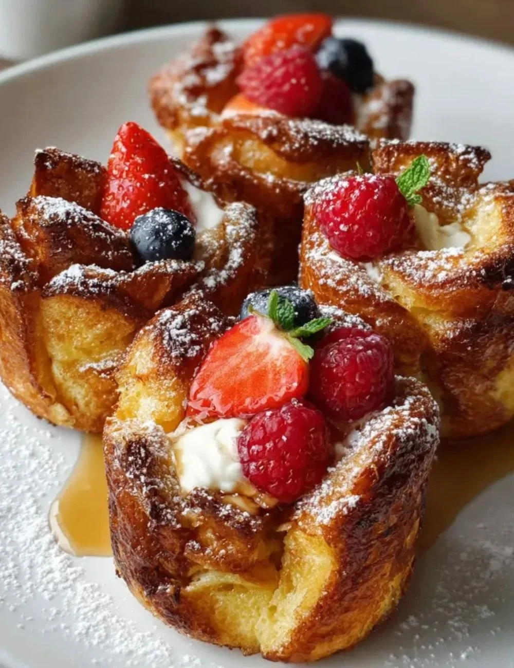 Delicious and creative French Toast Cups served with syrup and berries