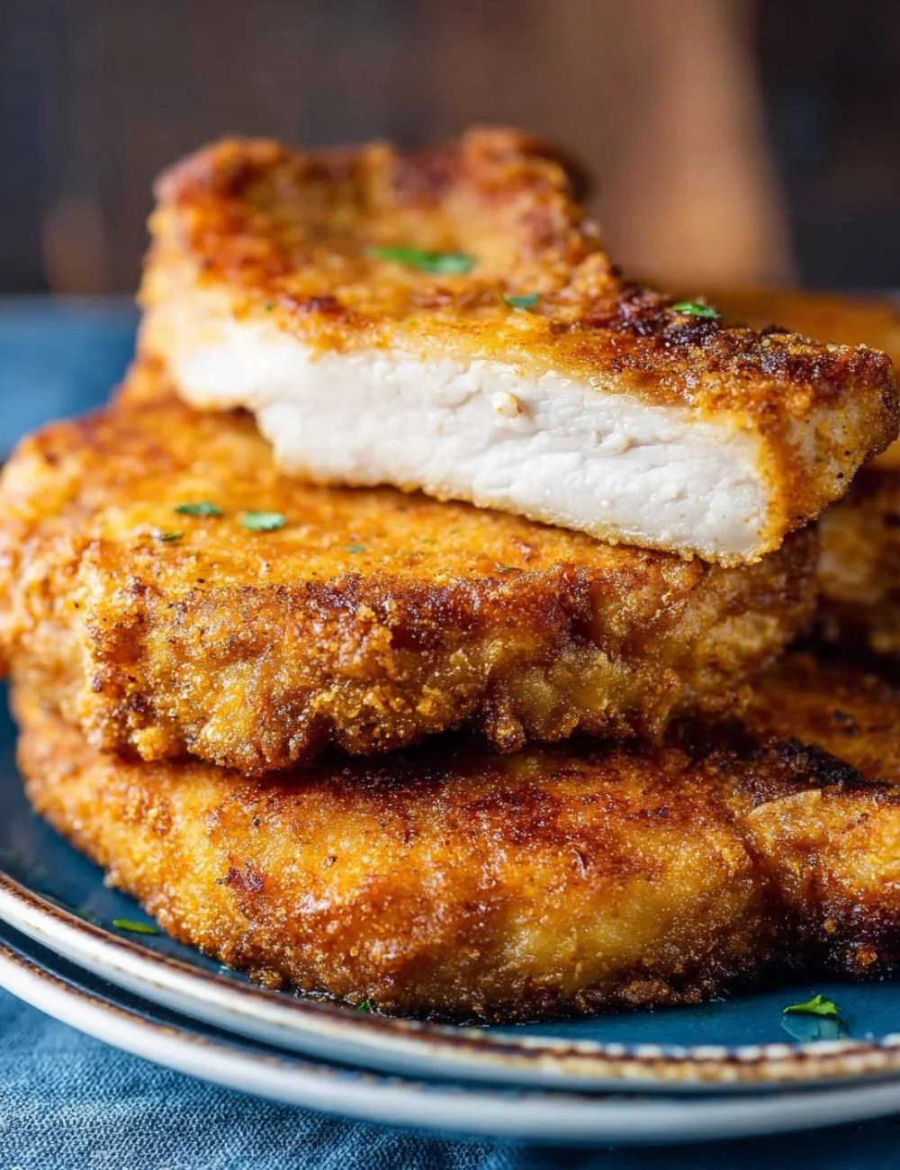 Golden brown fried pork chops served on a plate, home-cooked deliciousness.