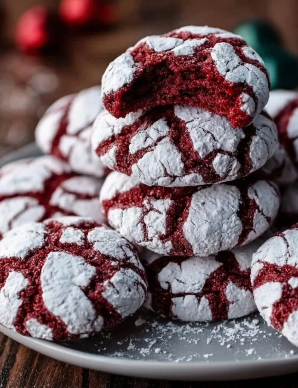 Fudgy red velvet crinkle cookies dusted with powdered sugar