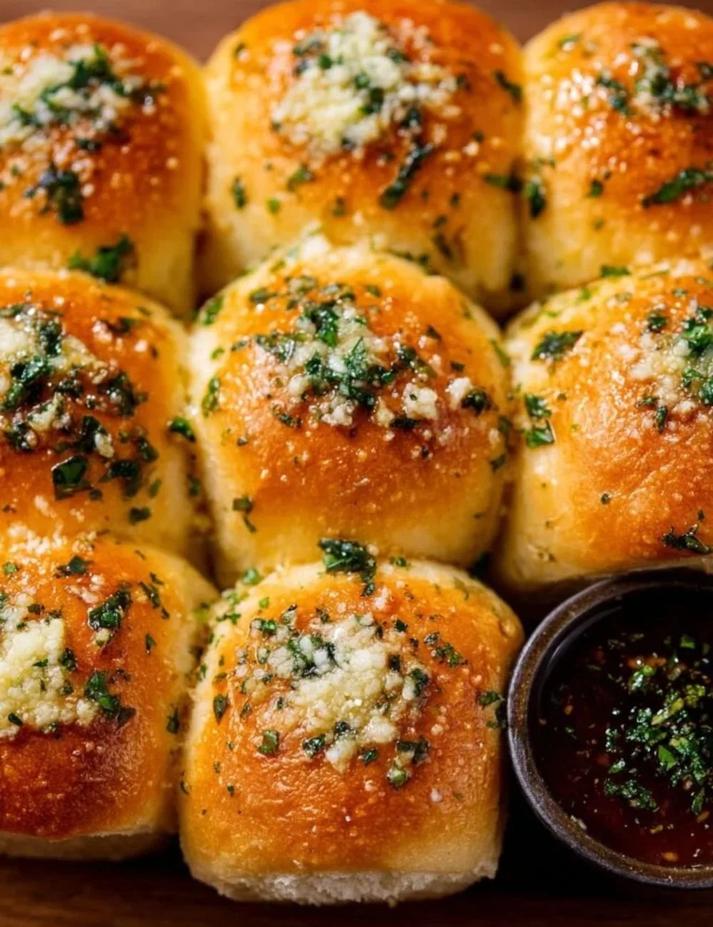 Freshly baked garlic bread rolls on a wooden table