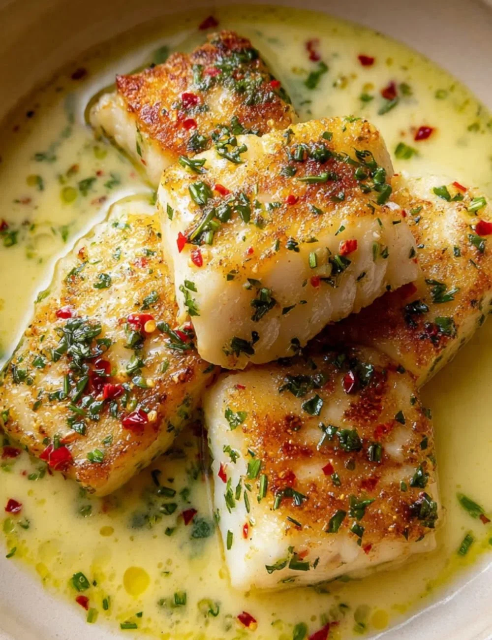 Garlic Butter Cod with Sweet Chili Lime Sauce served on a plate.