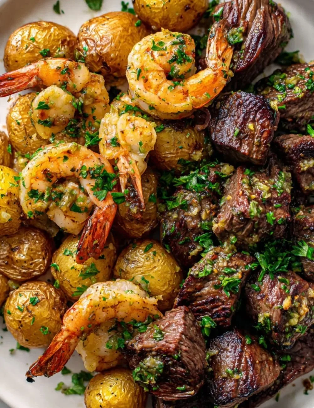 Delicious Garlic Butter Steak Bites and Shrimp served on a plate