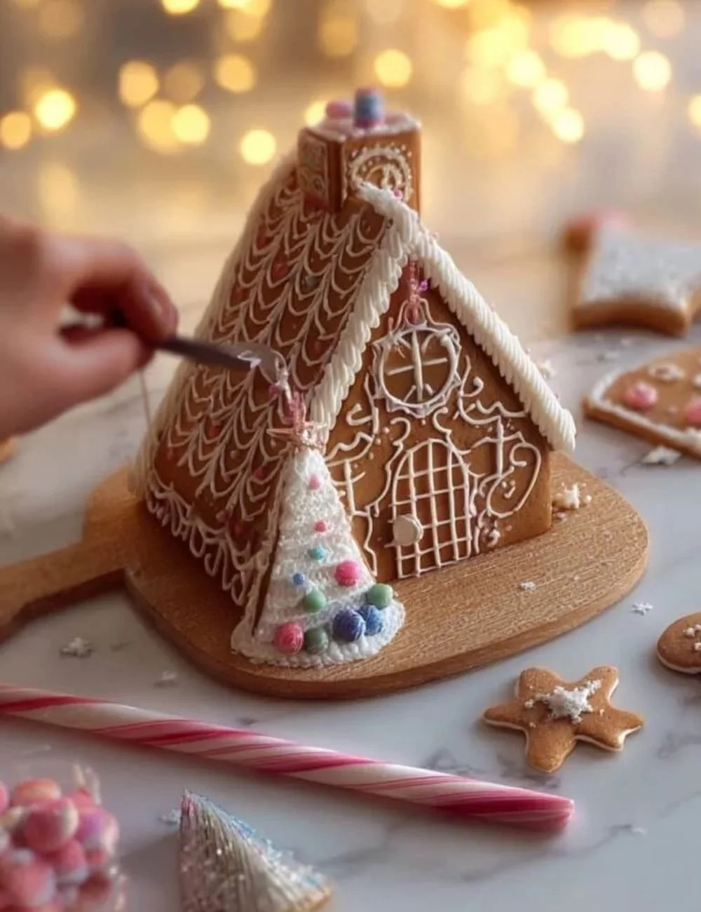 Beautifully decorated Gingerbread House with colorful icing and candy