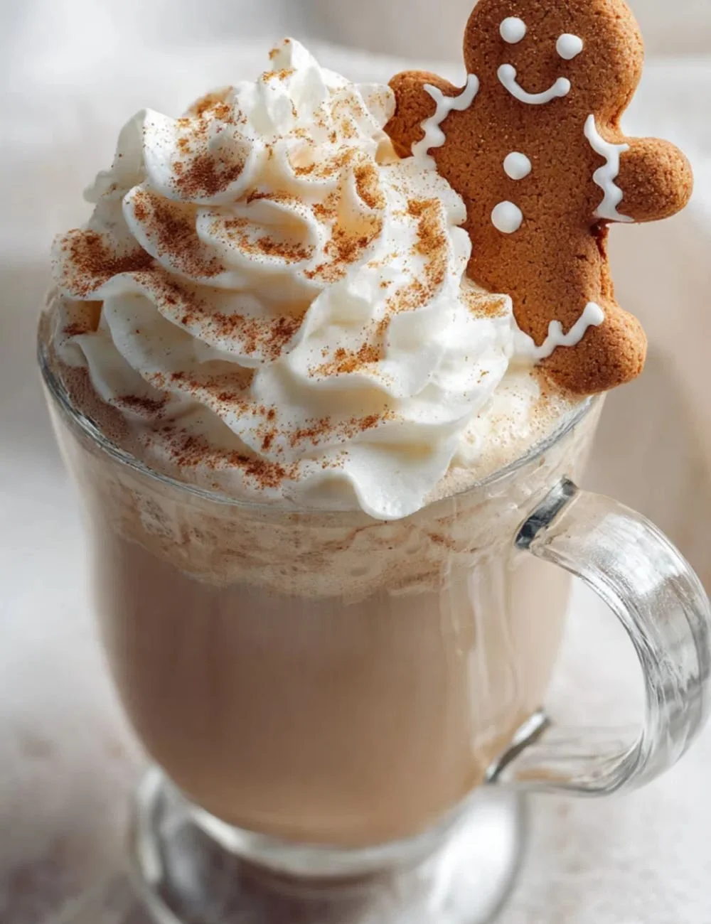 Gingerbread Latte topped with whipped cream and spices in a festive mug