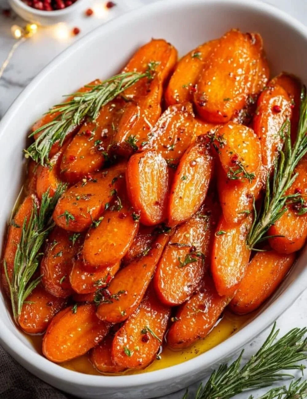 A delicious plate of glazed carrots, beautifully cooked and presented.