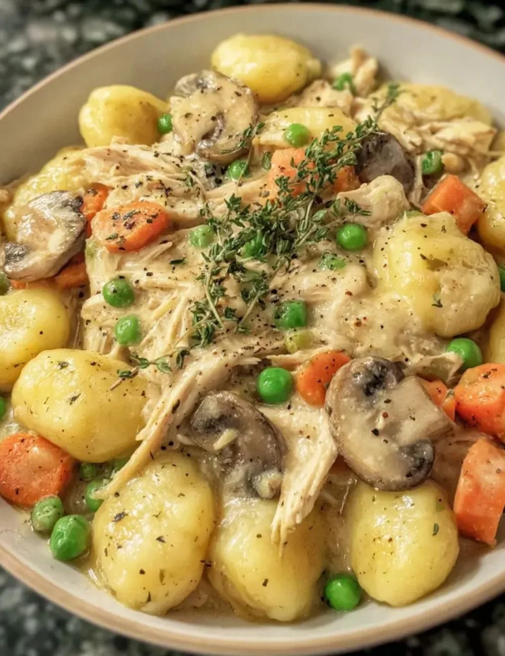 Gnocchi Chicken Pot Pie with golden crust and creamy filling