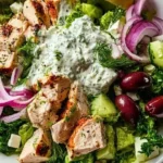 Greek Tzatziki Chicken Salad Bowl with fresh ingredients