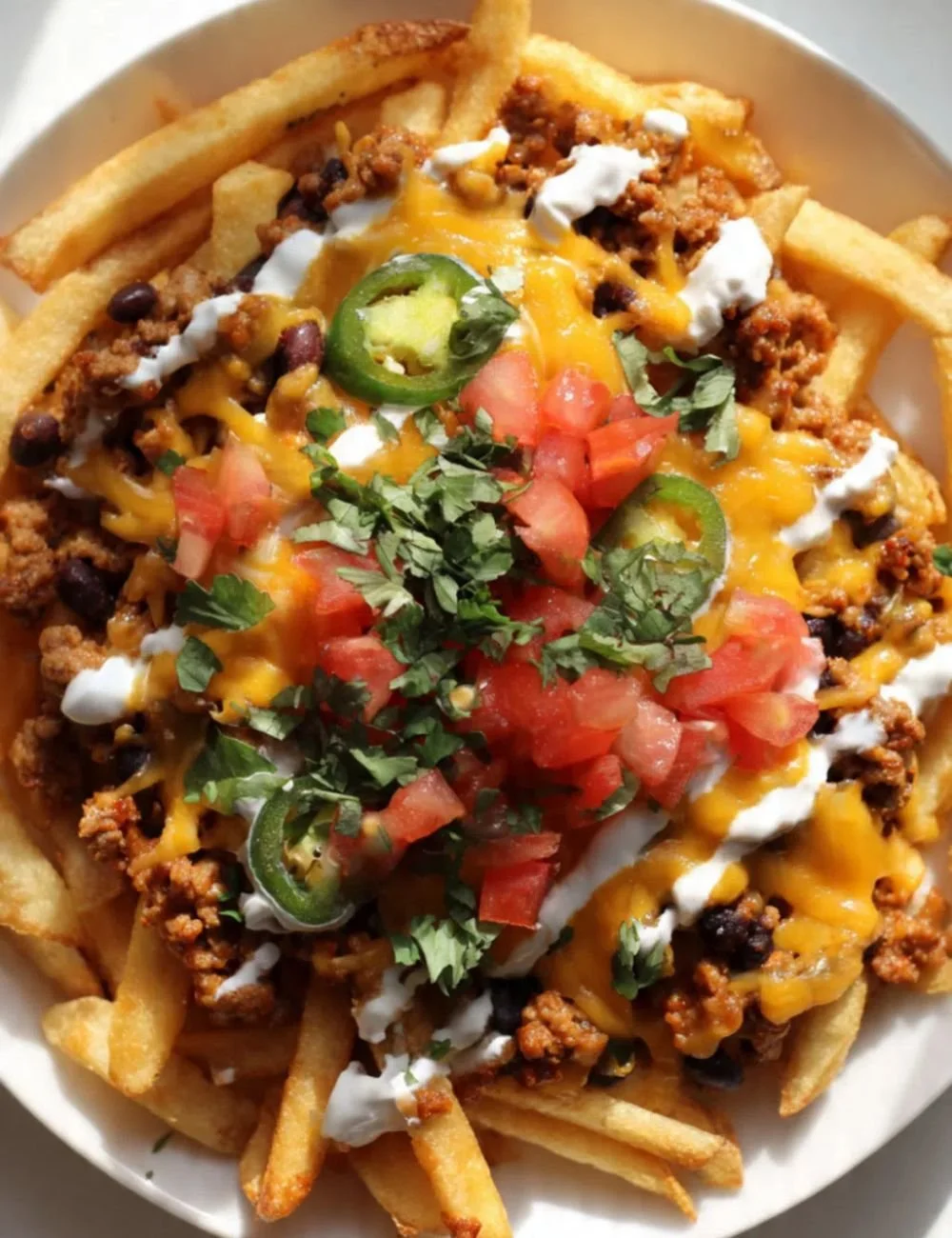High protein loaded nacho fries topped with cheese and jalapeños