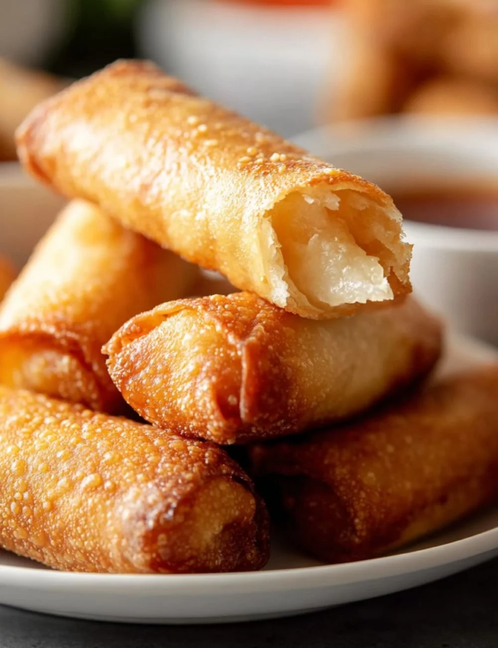 Homemade Chinese egg rolls filled with vegetables and meat, ready to serve.